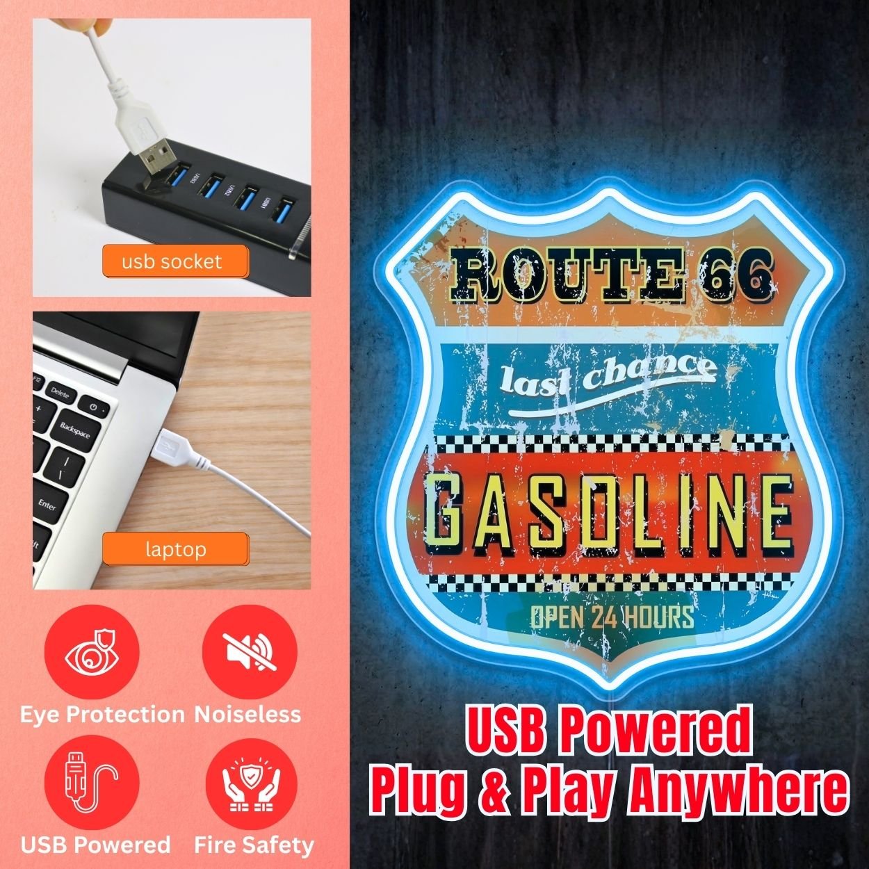 ShineNeon™ Vintage Route 66 Gasoline Neon Sign Distressed Garage Wall Art USB Power - Shineneon