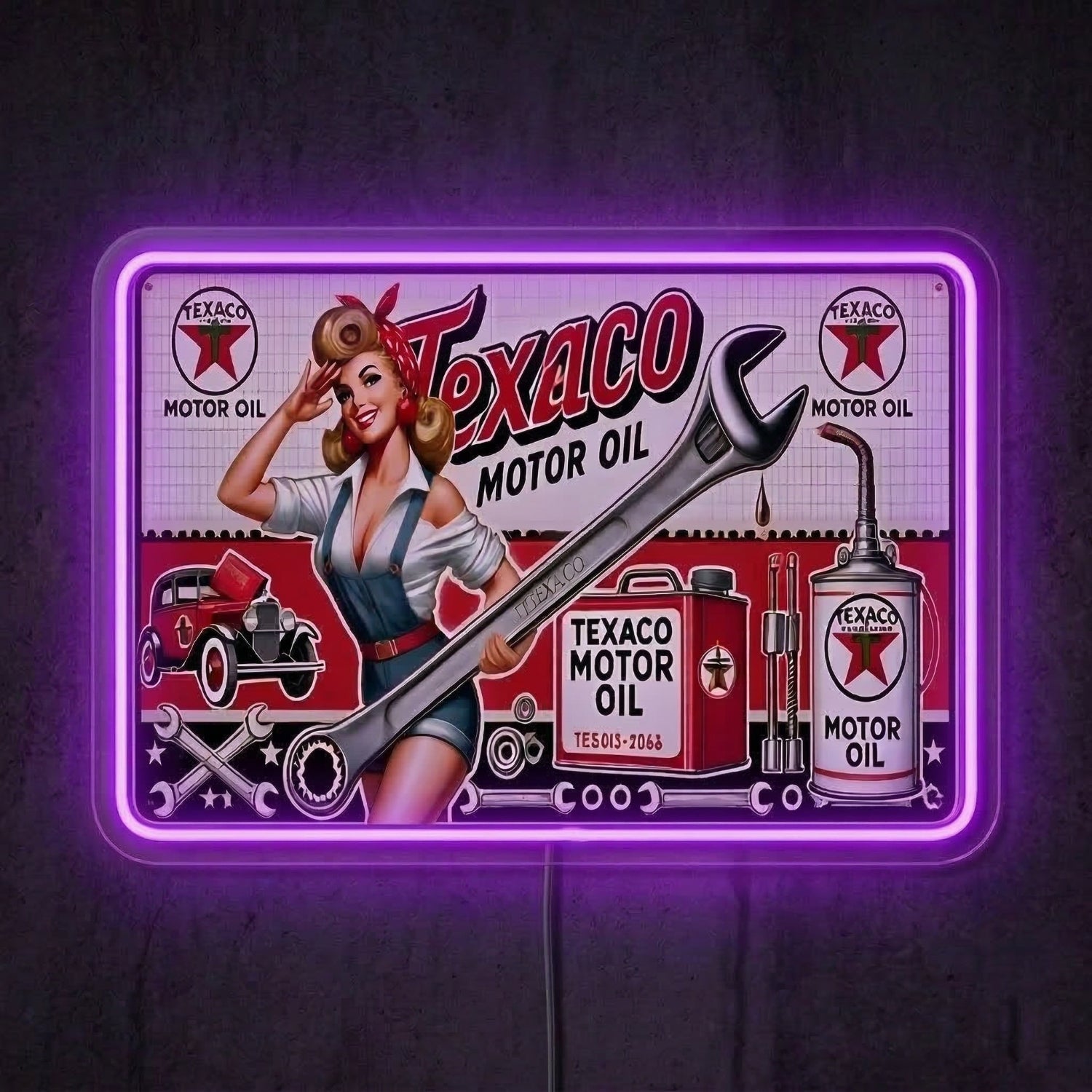 ShineNeon™ Vintage Texaco Motor Oil Pin - Up Neon Sign Garage & Man Cave Art USB Power - Shineneon