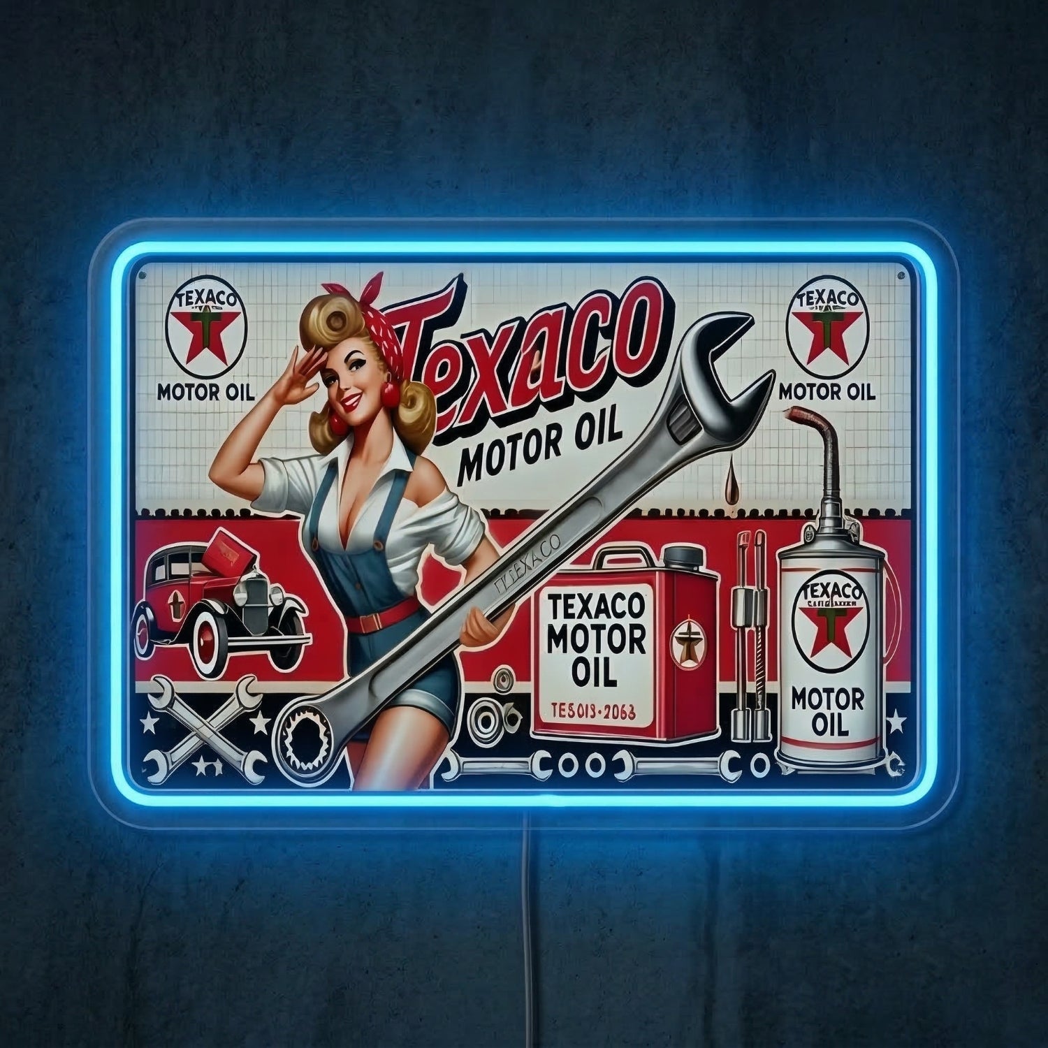 ShineNeon™ Vintage Texaco Motor Oil Pin - Up Neon Sign Garage & Man Cave Art USB Power - Shineneon
