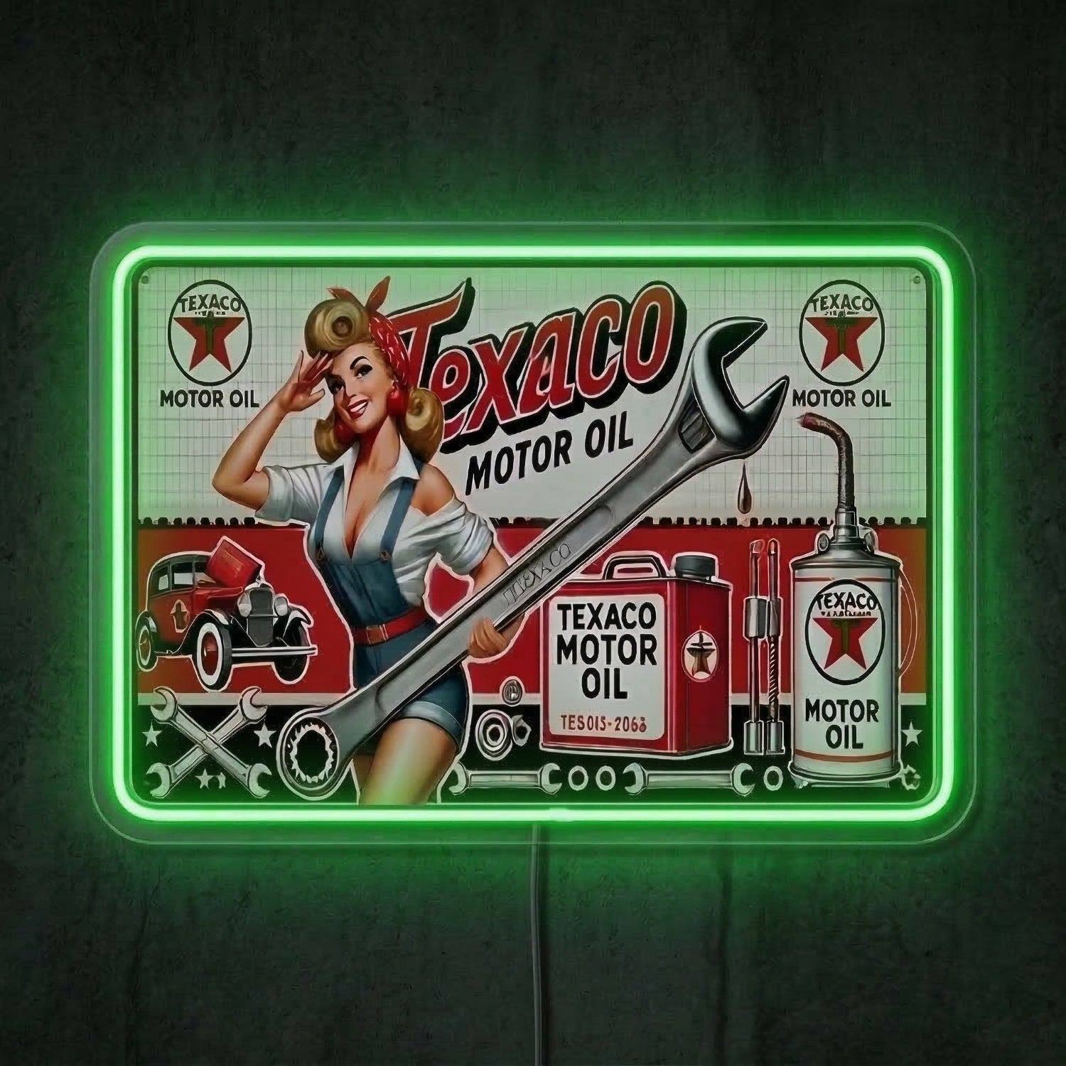ShineNeon™ Vintage Texaco Motor Oil Pin - Up Neon Sign Garage & Man Cave Art USB Power - Shineneon