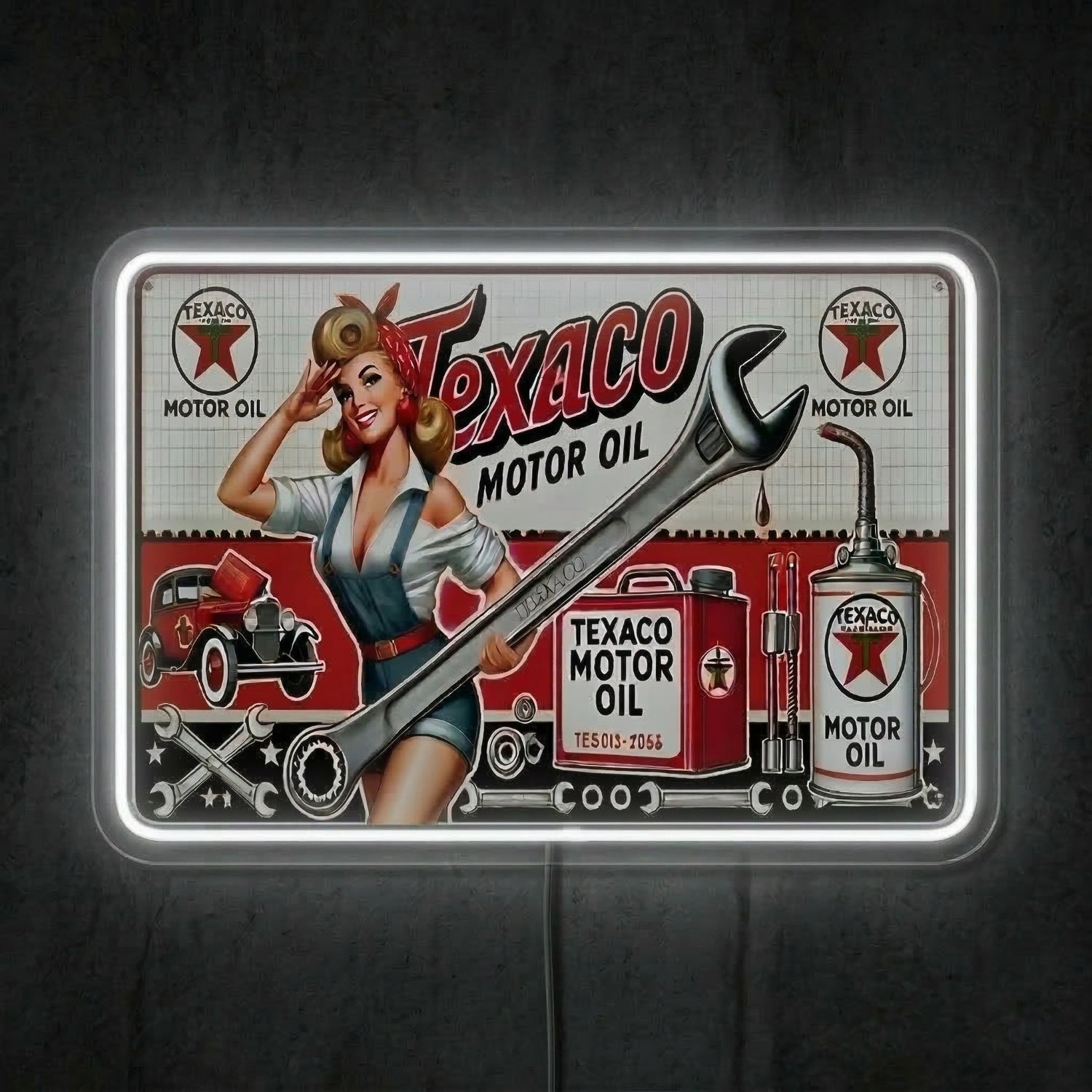 ShineNeon™ Vintage Texaco Motor Oil Pin - Up Neon Sign Garage & Man Cave Art USB Power - Shineneon