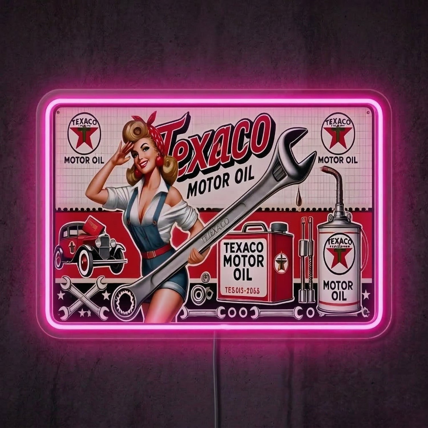 ShineNeon™ Vintage Texaco Motor Oil Pin - Up Neon Sign Garage & Man Cave Art USB Power - Shineneon
