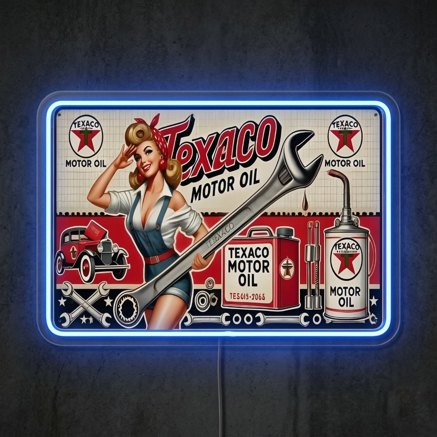 ShineNeon™ Vintage Texaco Motor Oil Pin - Up Neon Sign Garage & Man Cave Art USB Power - Shineneon