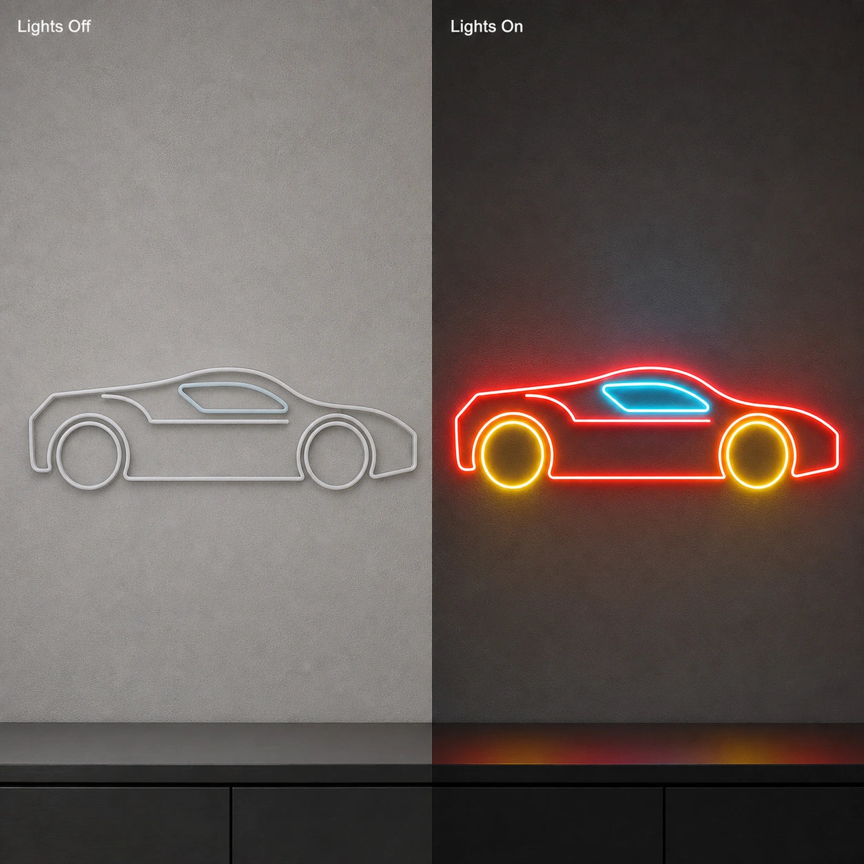 Side Profile Sports Car LED Neon Sign Garage Man Cave Neon Sign day and night comparison