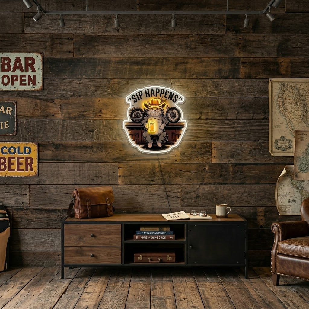 ShineNeon™ Sip Happens Cowboy Cat Bar Neon Sign USB Power#color_white