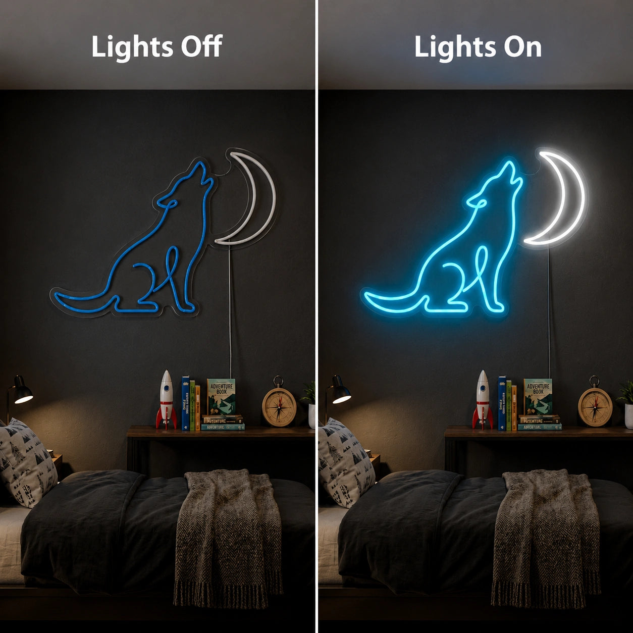 Sitting Wolf Moon Neon Sign LED Neon Sign day and night comparison