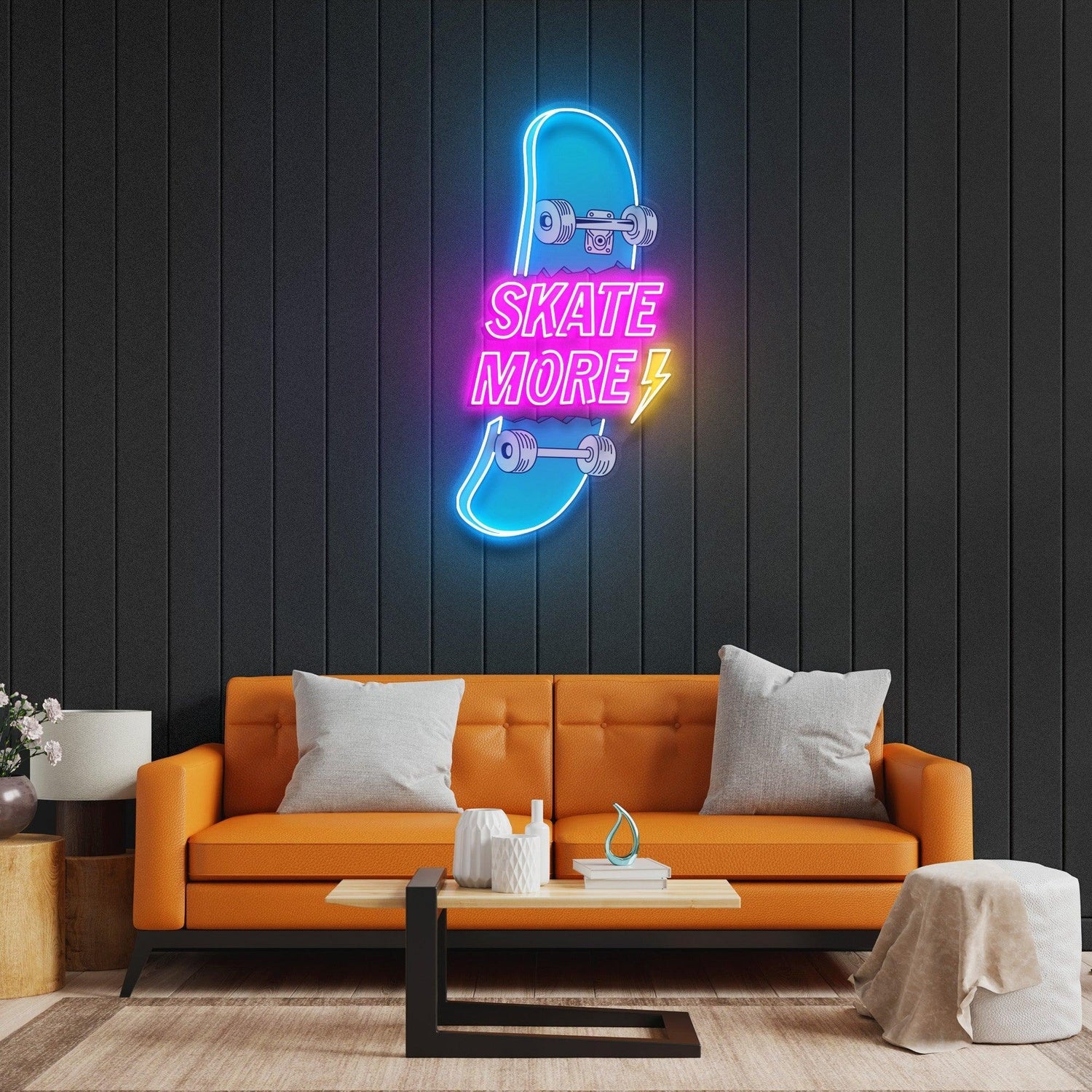Skate More Skateboard Lightning Blue-Pink-Yellow Uv Printed Led Neon Sign For Wall Art | Shineneon