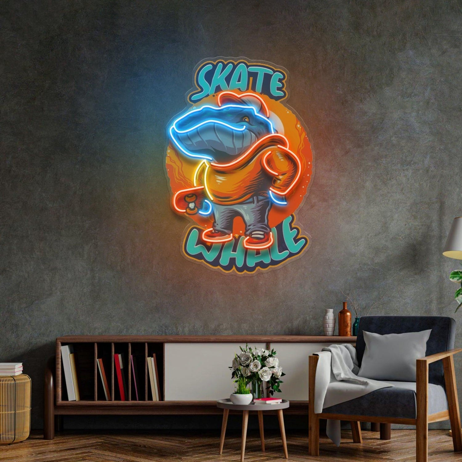 Skater Whale Multi-Color Uv Printed Led Neon Sign For Indoor Skate Decor | Shineneon
