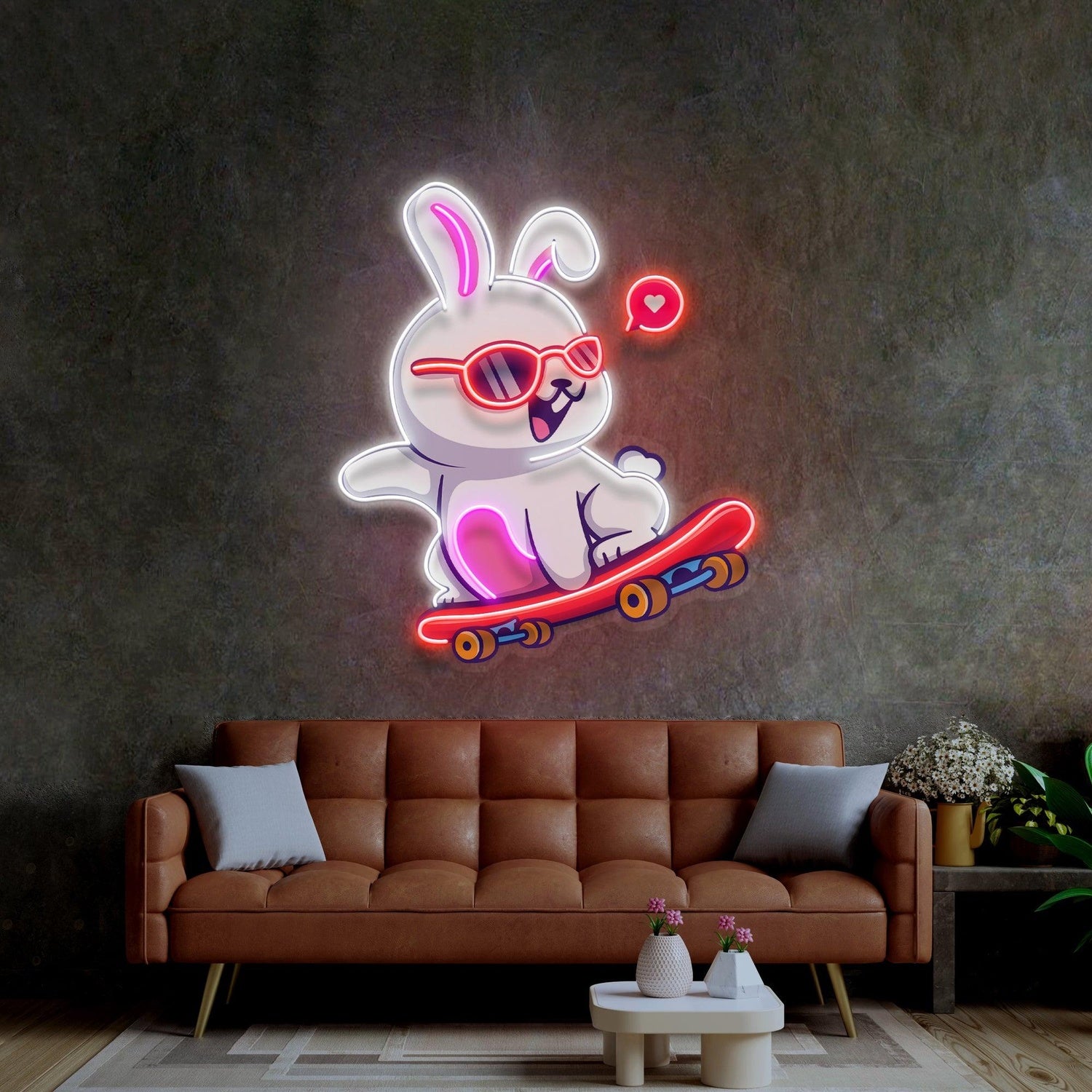 Skating Rabbit With Heart Uv Printed Led Neon Sign Wall Art | Shineneon