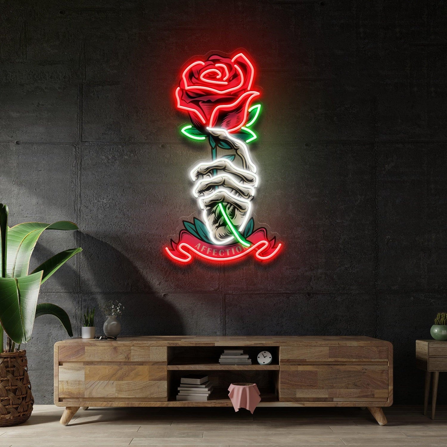 Skeleton Hand Rose Affection Uv Printed Led Neon Sign For Artistic Indoor Decor | Shineneon