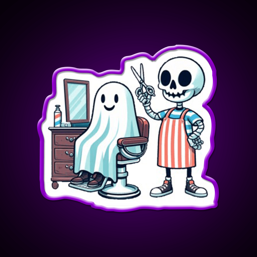 Skeleton Skull Barber With A Ghostly Client Barber Shop Haircut Led Neon Sign - Shineneon