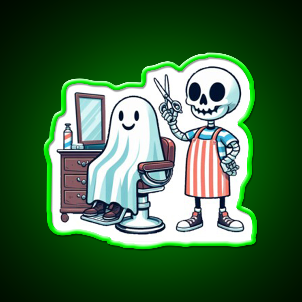 Skeleton Skull Barber With A Ghostly Client Barber Shop Haircut Led Neon Sign