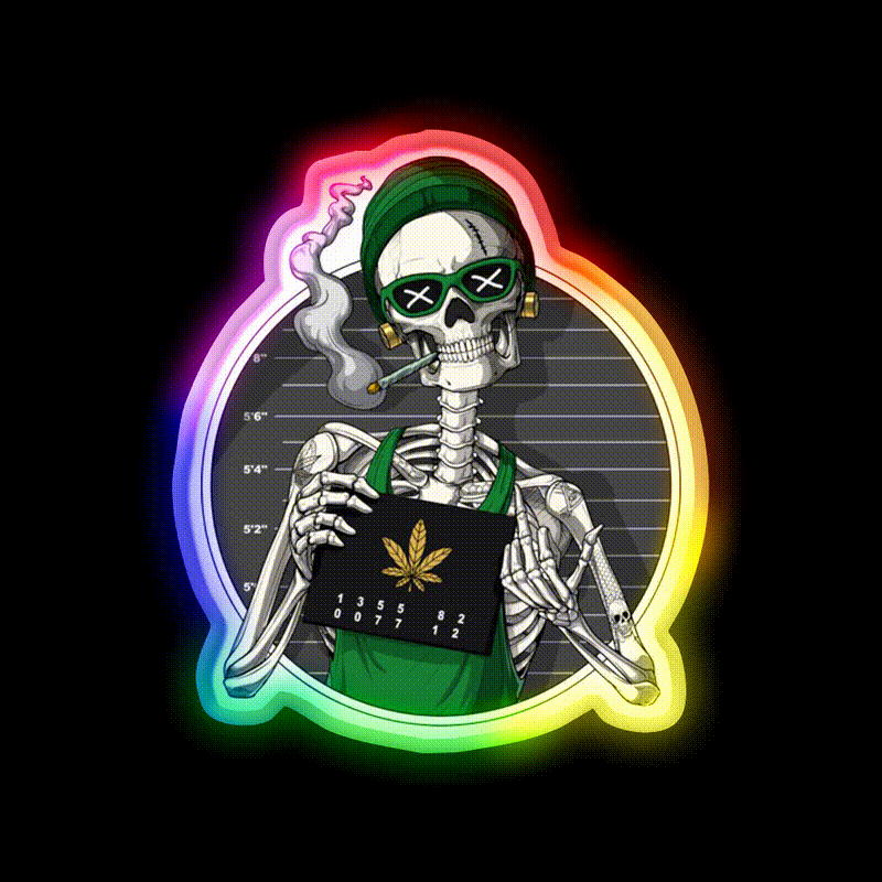 Skeleton Stoner Mugshot Hemp Inspired Green Leaf Led Neon Sign Rgb Color - LED neon sign close-up detail