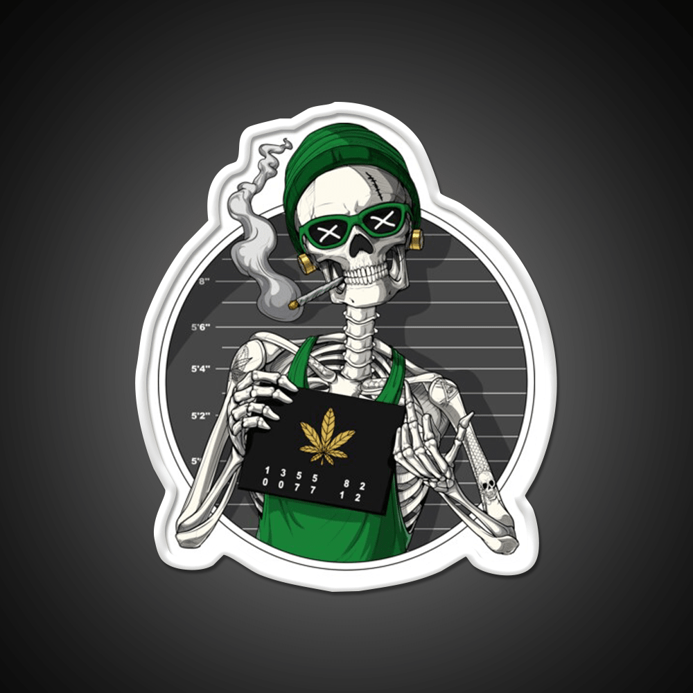 Skeleton Stoner Mugshot Hemp Inspired Green Leaf Led Neon Sign Rgb Color - Shineneon