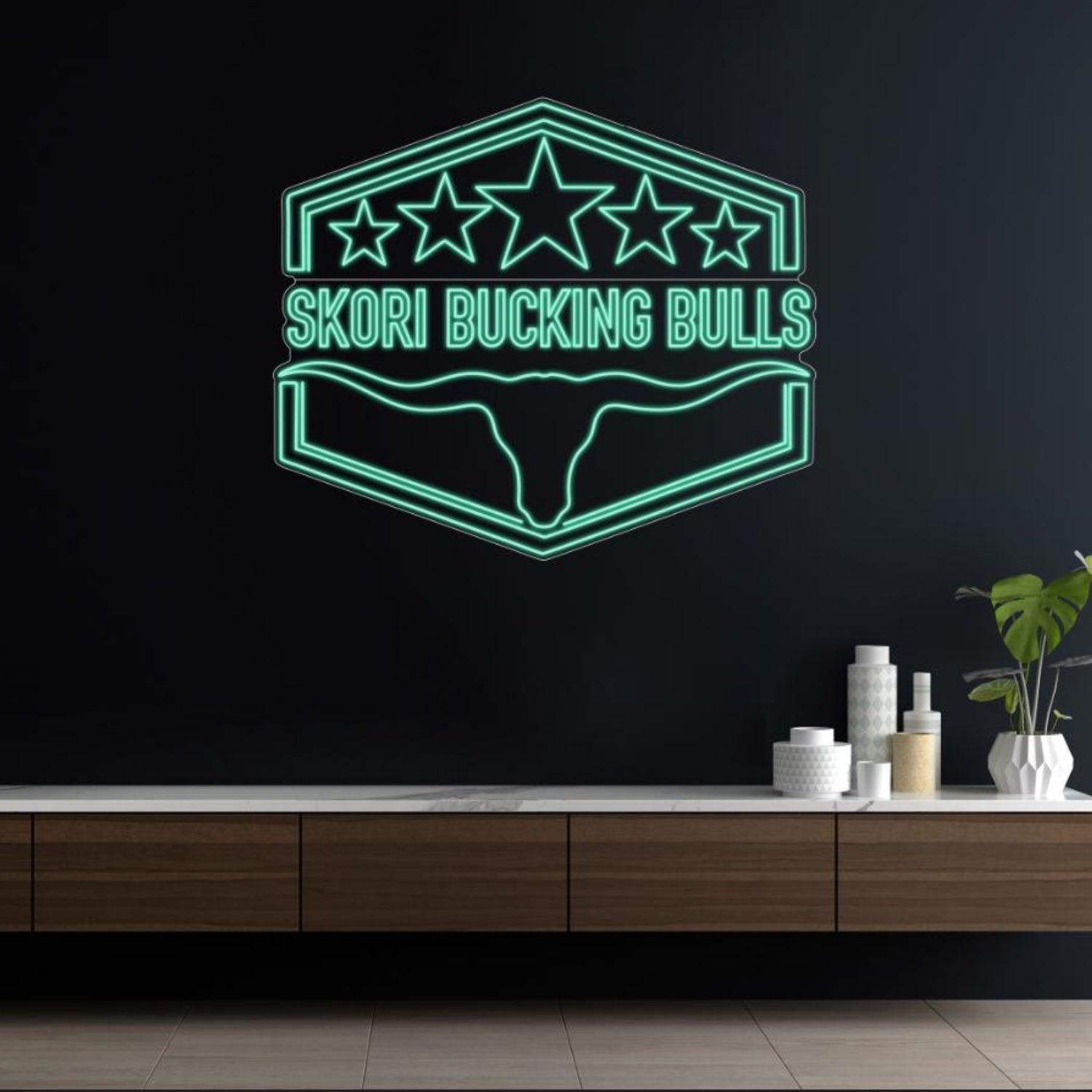 Skori Bucking Bulls Teal Western-Style Indoor LED Neon Sign | Shineneon