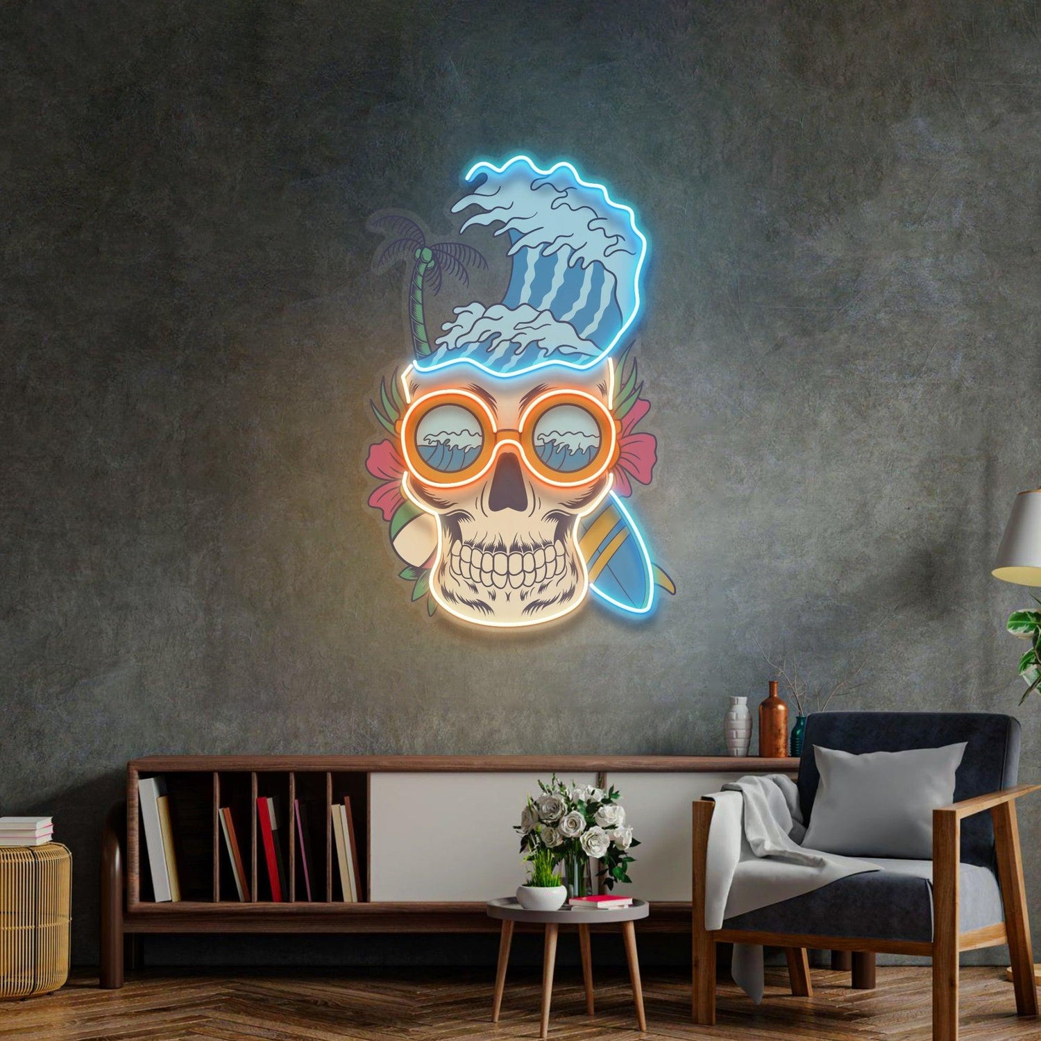 Skull Beach Surf Wave Uv Printed Led Neon Sign For Indoor Wall Decor | Shineneon