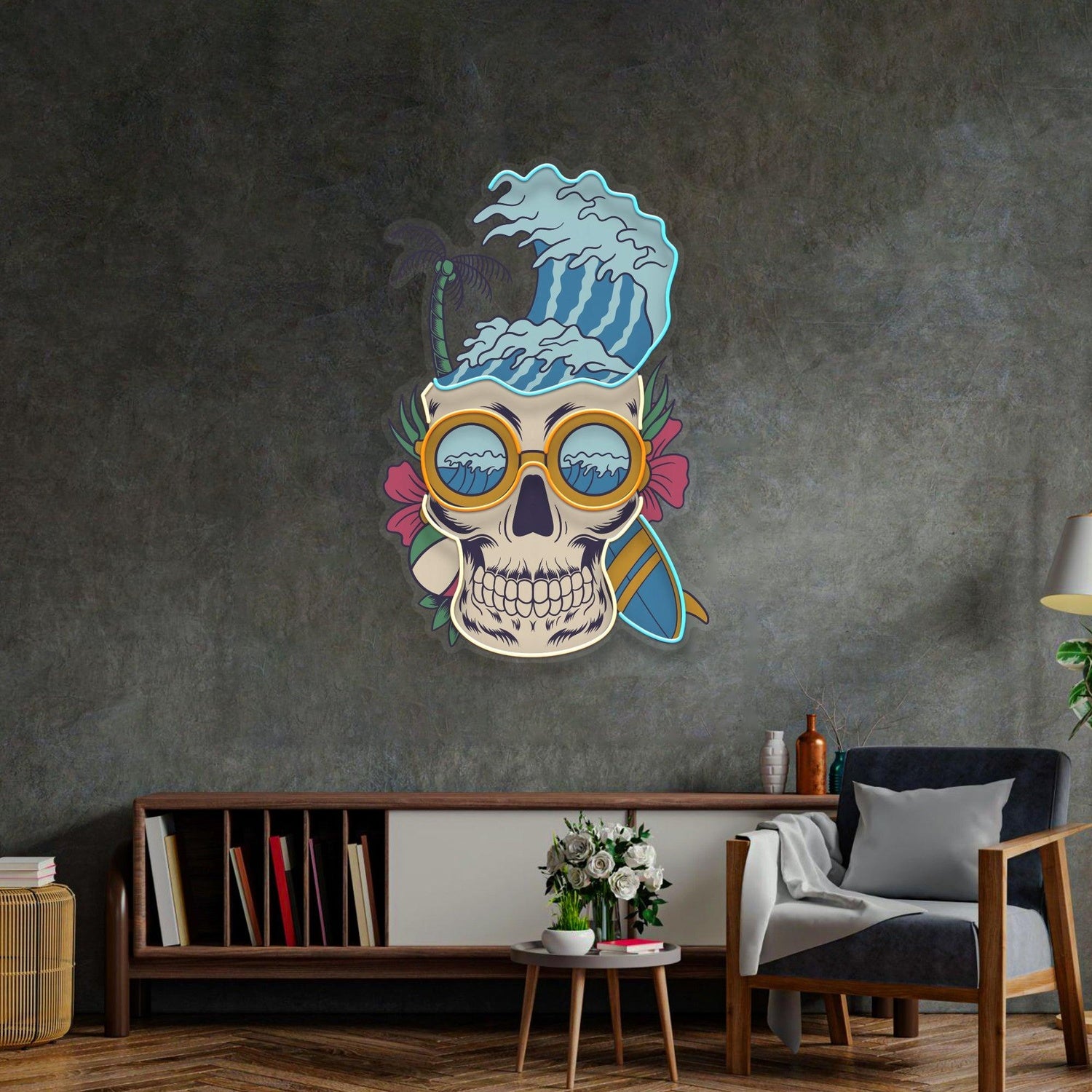 Skull Beach Surf Wave Uv Printed Led Neon Sign For Indoor Wall Decor | Shineneon