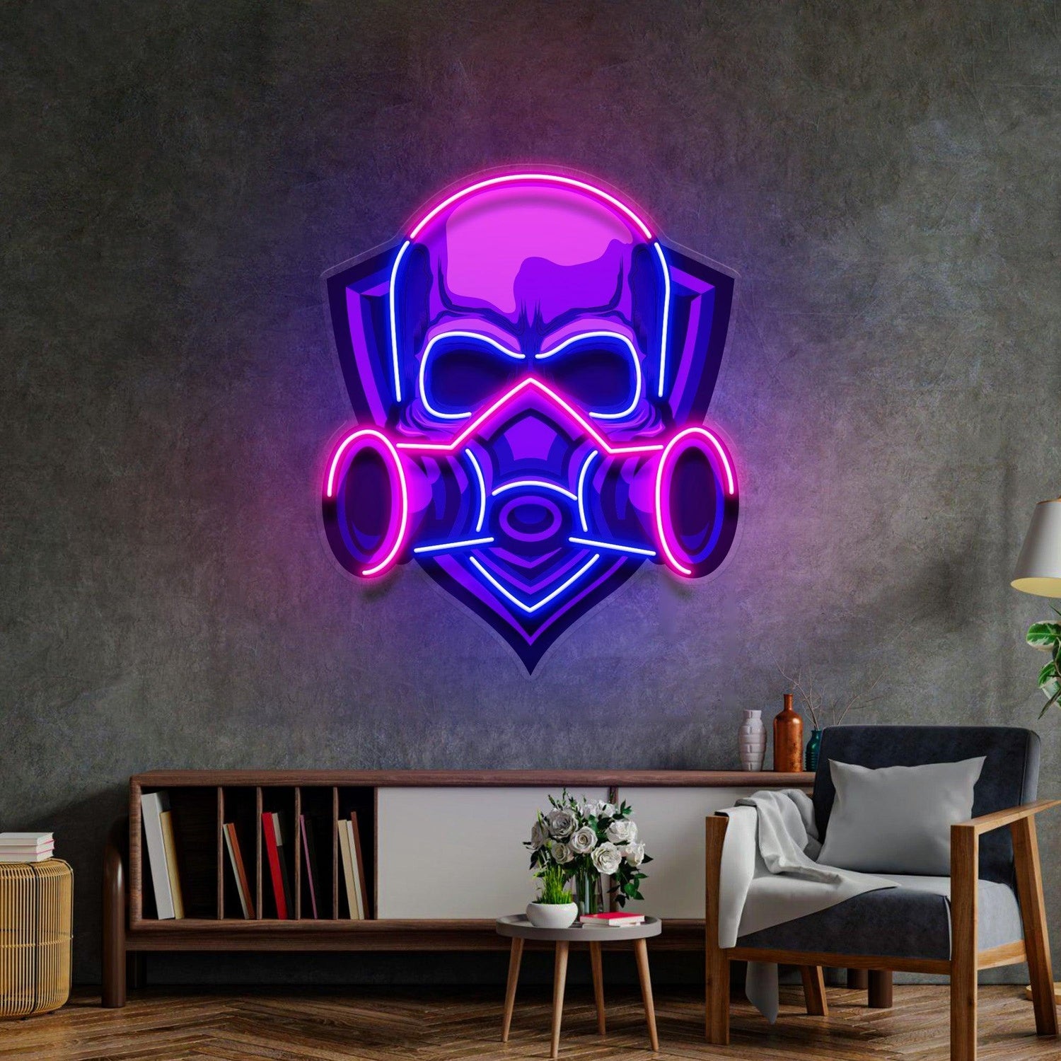 Skull Gas Mask Cyberpunk Blue Pink Uv Printed Led Neon Sign For Indoor Wall Art | Shineneon