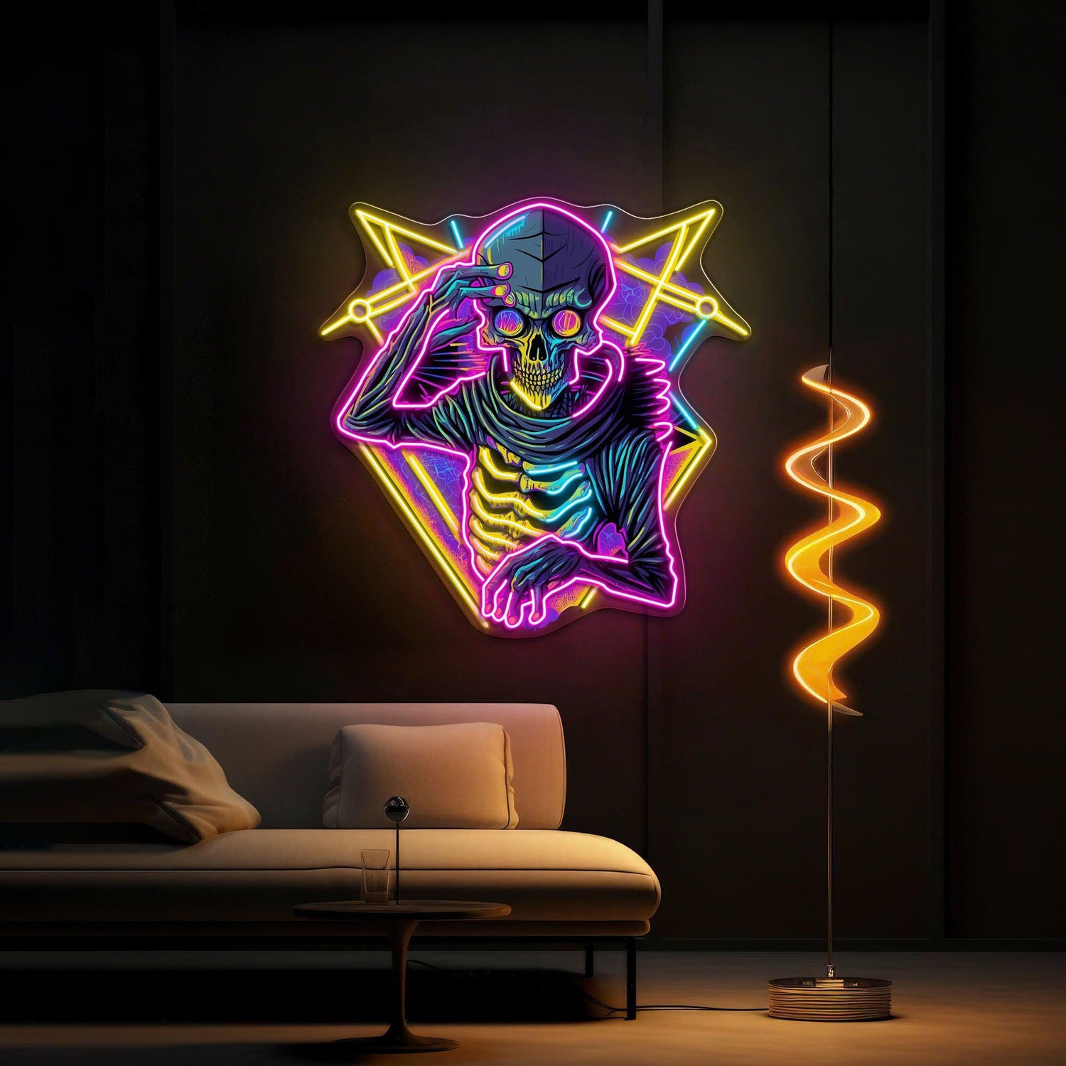 Skull Geometric Multi-Color Uv Printed Led Neon Sign Artwork For Modern Home Bar Studio | Shineneon