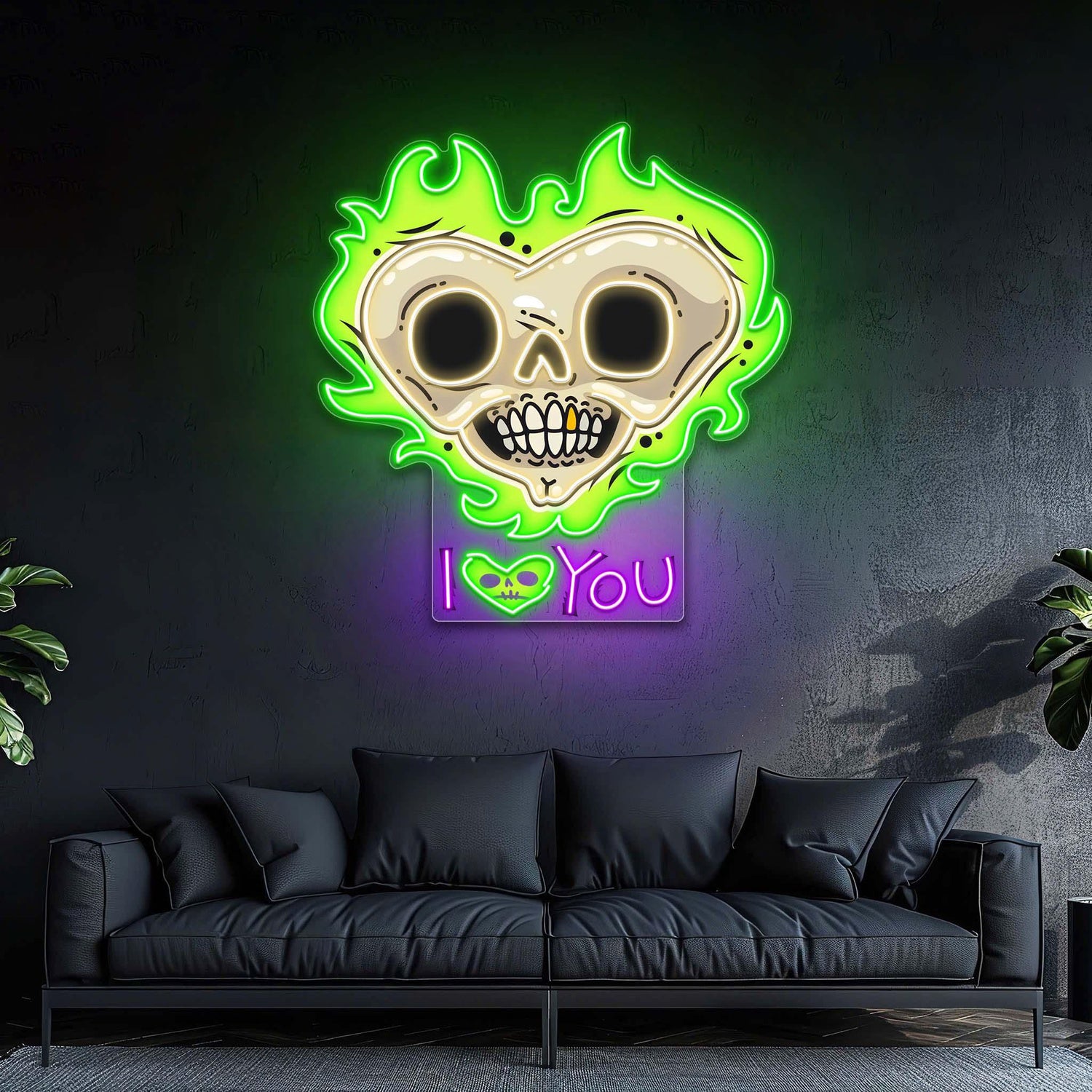 Skull Heart With Flames Dark Romance Uv Printed Led Neon Sign Artwork For Home Decor | Shineneon