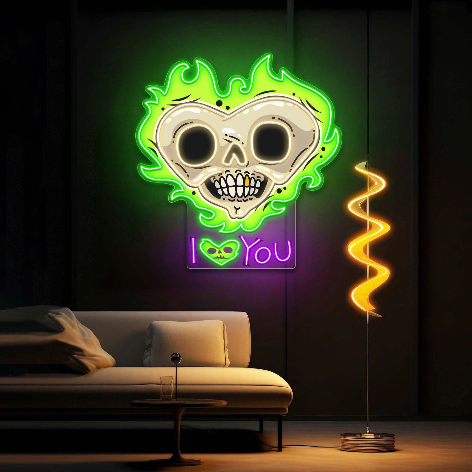Skull Heart With Flames Dark Romance Uv Printed Led Neon Sign Artwork For Home Decor | Shineneon