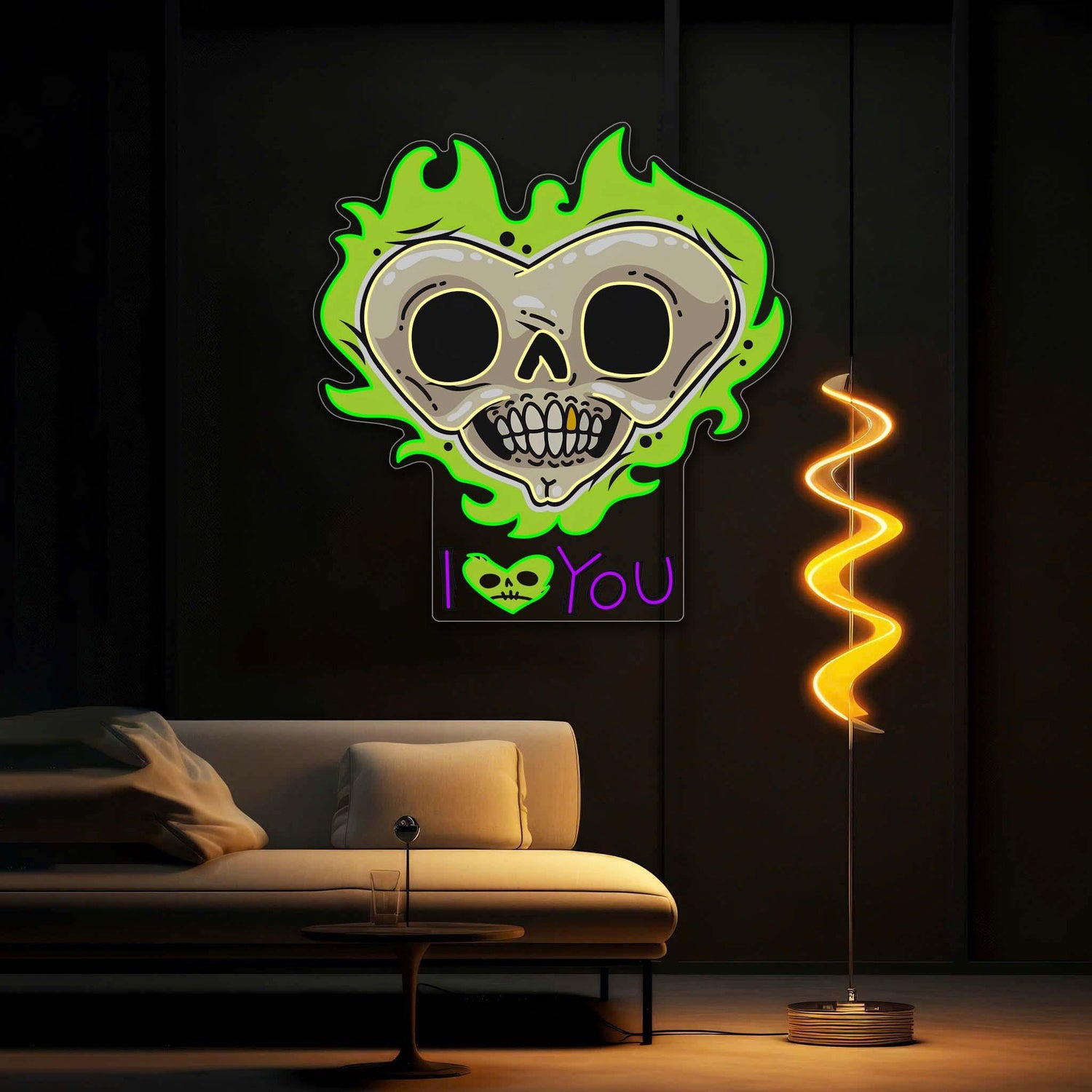 Skull Heart With Flames Dark Romance Uv Printed Led Neon Sign Artwork For Home Decor | Shineneon