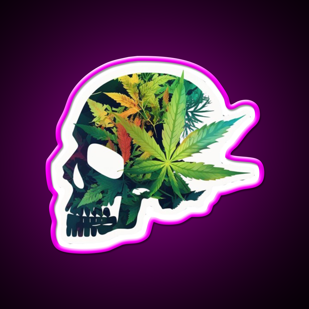 Skull Hemp Inspired Green Leaf Led Neon Sign Room Light Sign Rgb Color - Neon sign mounted on wall in room
