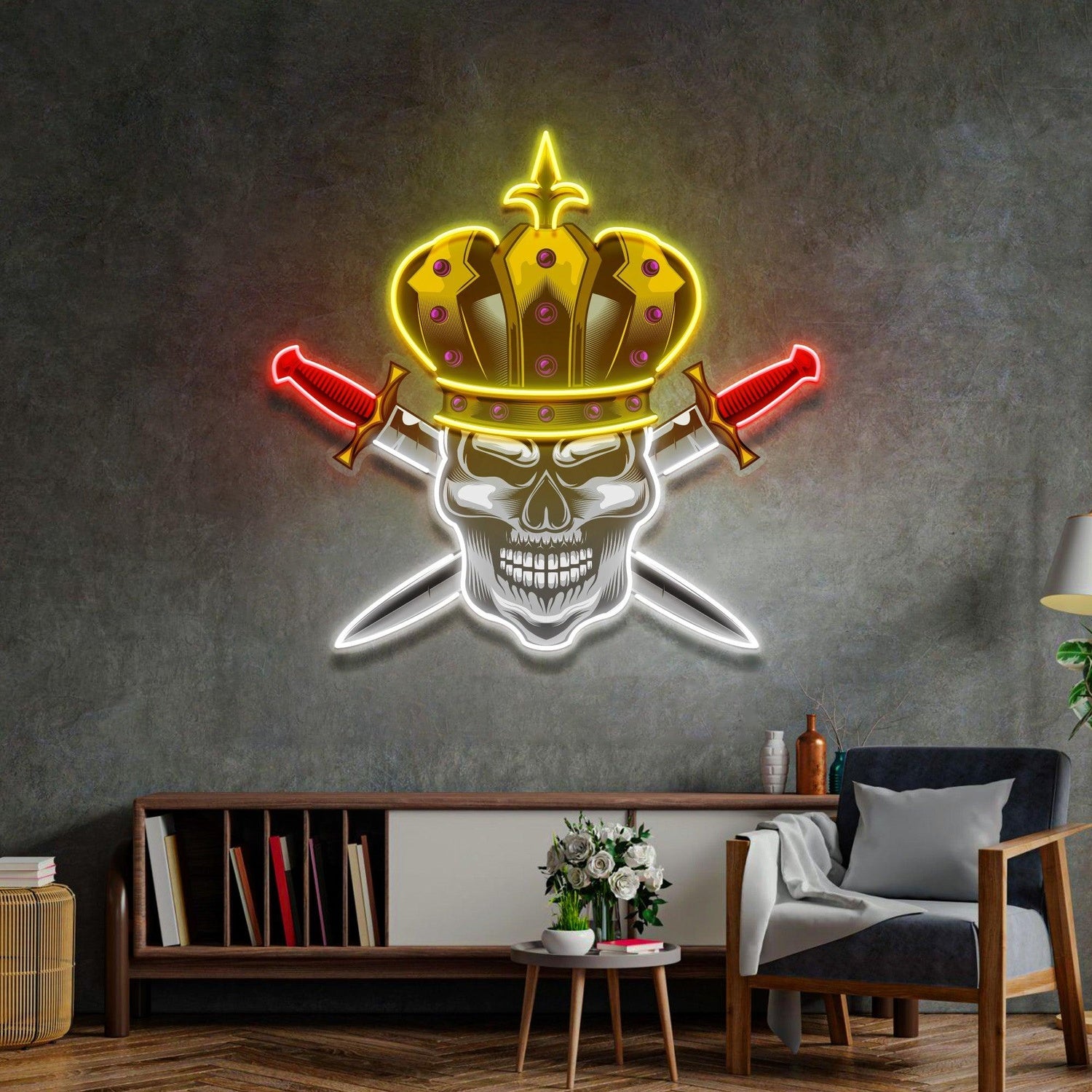 Skull King Crown Crossed Swords Uv Printed Led Neon Sign For Punk Indoor Decor | Shineneon