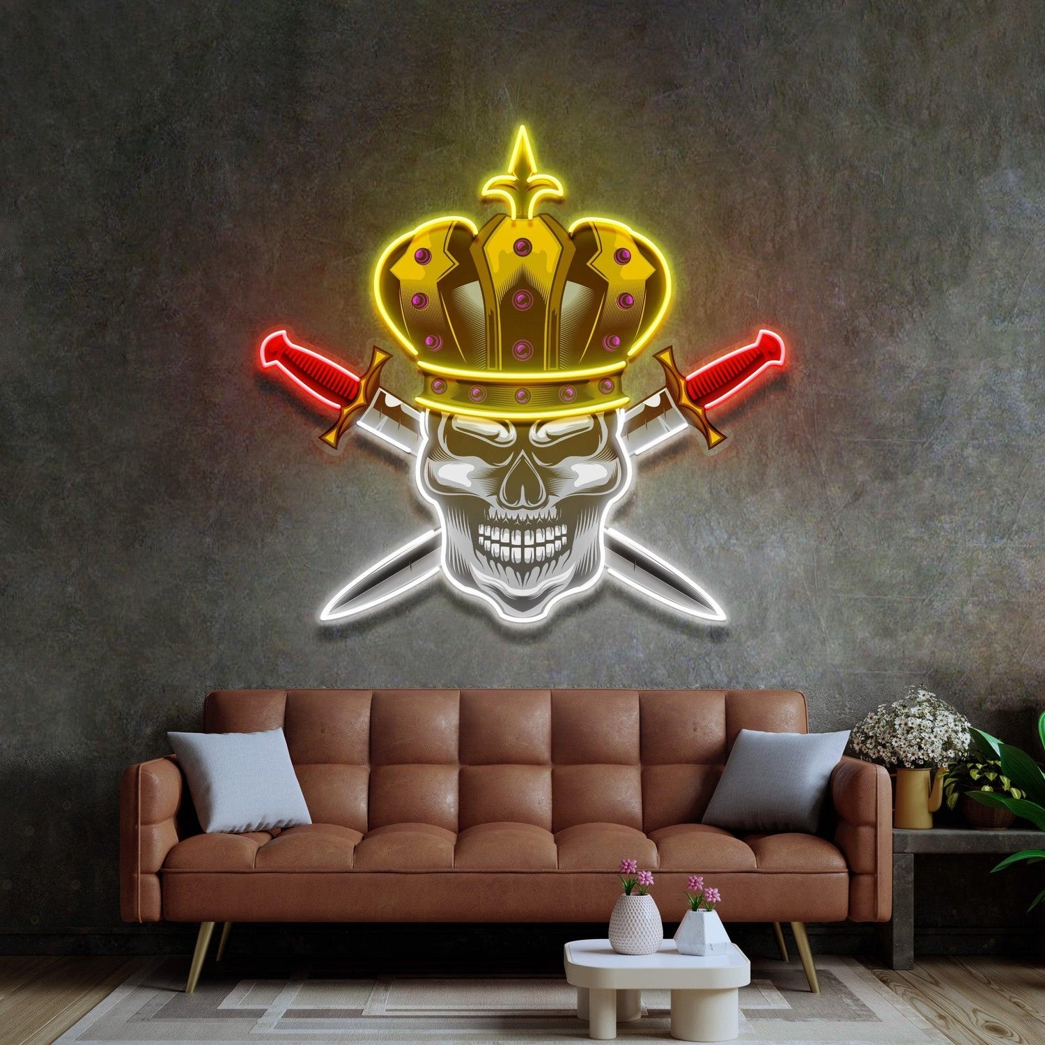 Skull King Crown Crossed Swords Uv Printed Led Neon Sign For Punk Indoor Decor | Shineneon