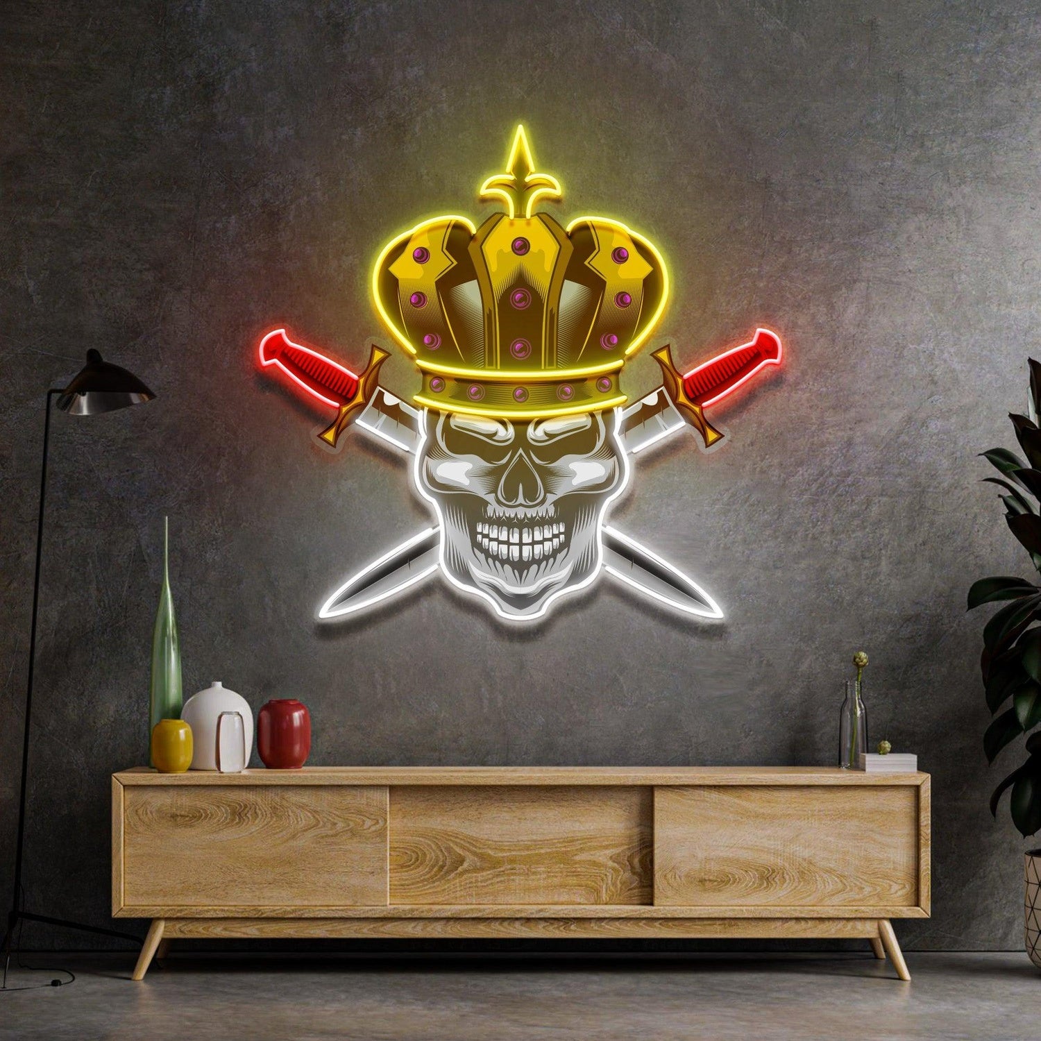 Skull King Crown Crossed Swords Uv Printed Led Neon Sign For Punk Indoor Decor | Shineneon