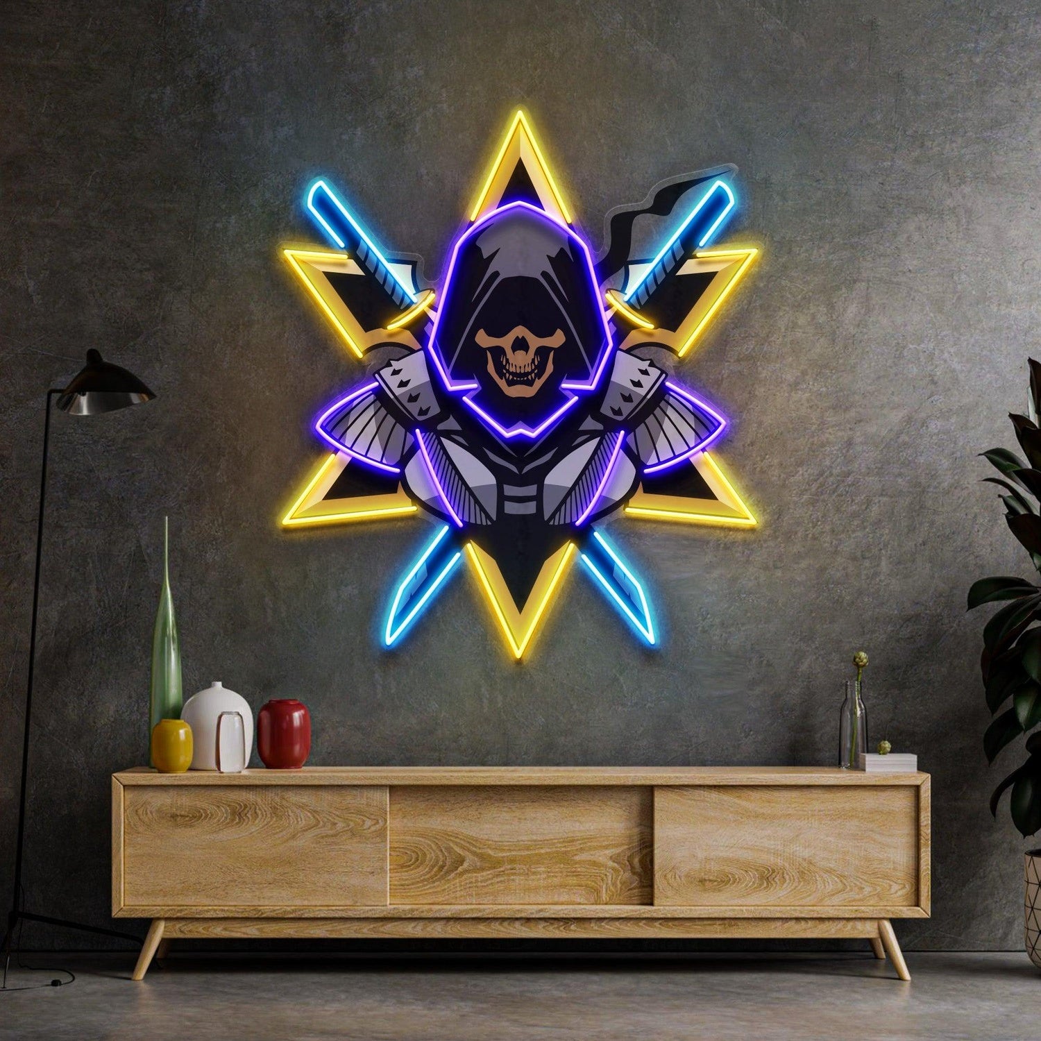 Skull Ninja Crossed Swords Star Pattern Uv Printed Led Neon Sign Indoor Wall Decor | Shineneon