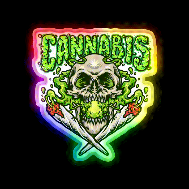 Skull Smokingweed Illustration Hemp Inspired Green Leaf Led Neon Sign Rgb Color - LED neon sign close-up detail