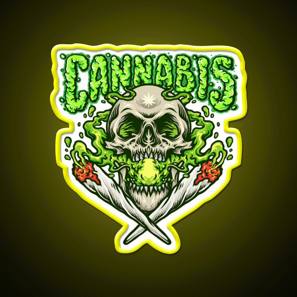 Skull Smokingweed Illustration Hemp Inspired Green Leaf Led Neon Sign Rgb Color - Custom LED neon sign front view