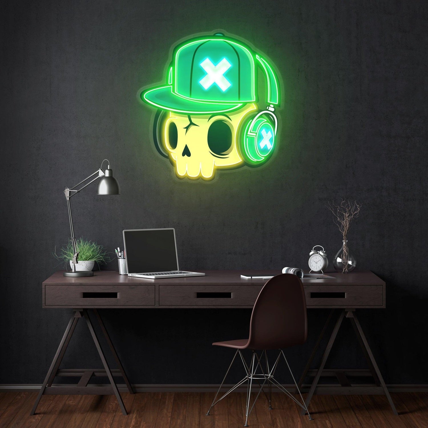Skull With Headphones Green-Yellow Uv Printed Led Neon Sign For Studio Office Decor | Shineneon