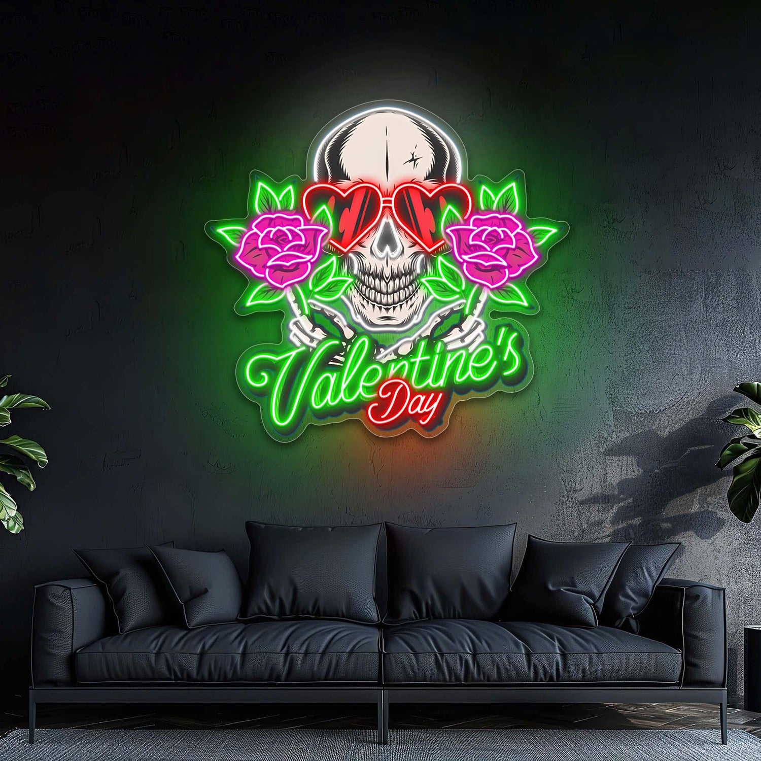 Skull With Heart Glasses Rose Red-Green-Pink Valentine Uv Printed Led Neon Sign Artwork | Shineneon