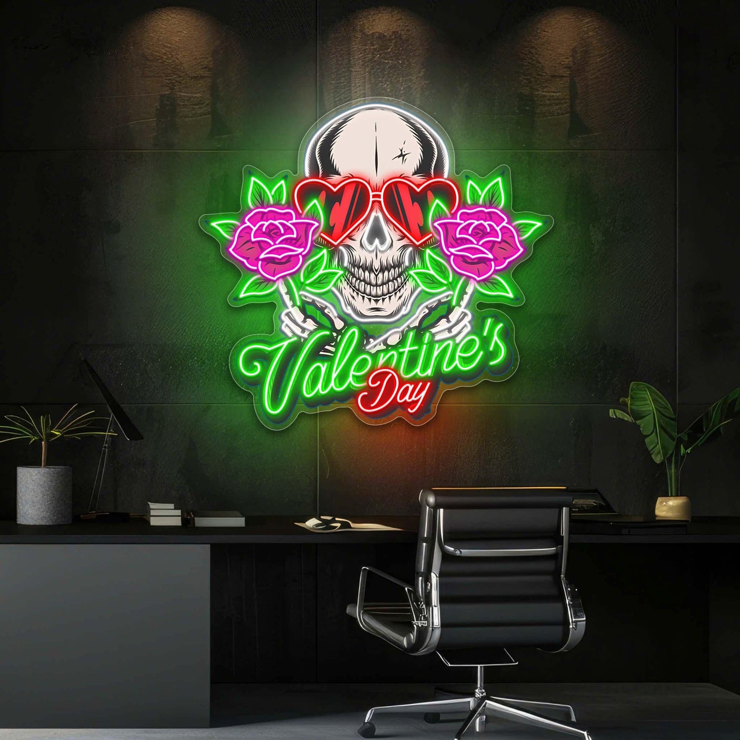Skull With Heart Glasses Rose Red-Green-Pink Valentine Uv Printed Led Neon Sign Artwork | Shineneon