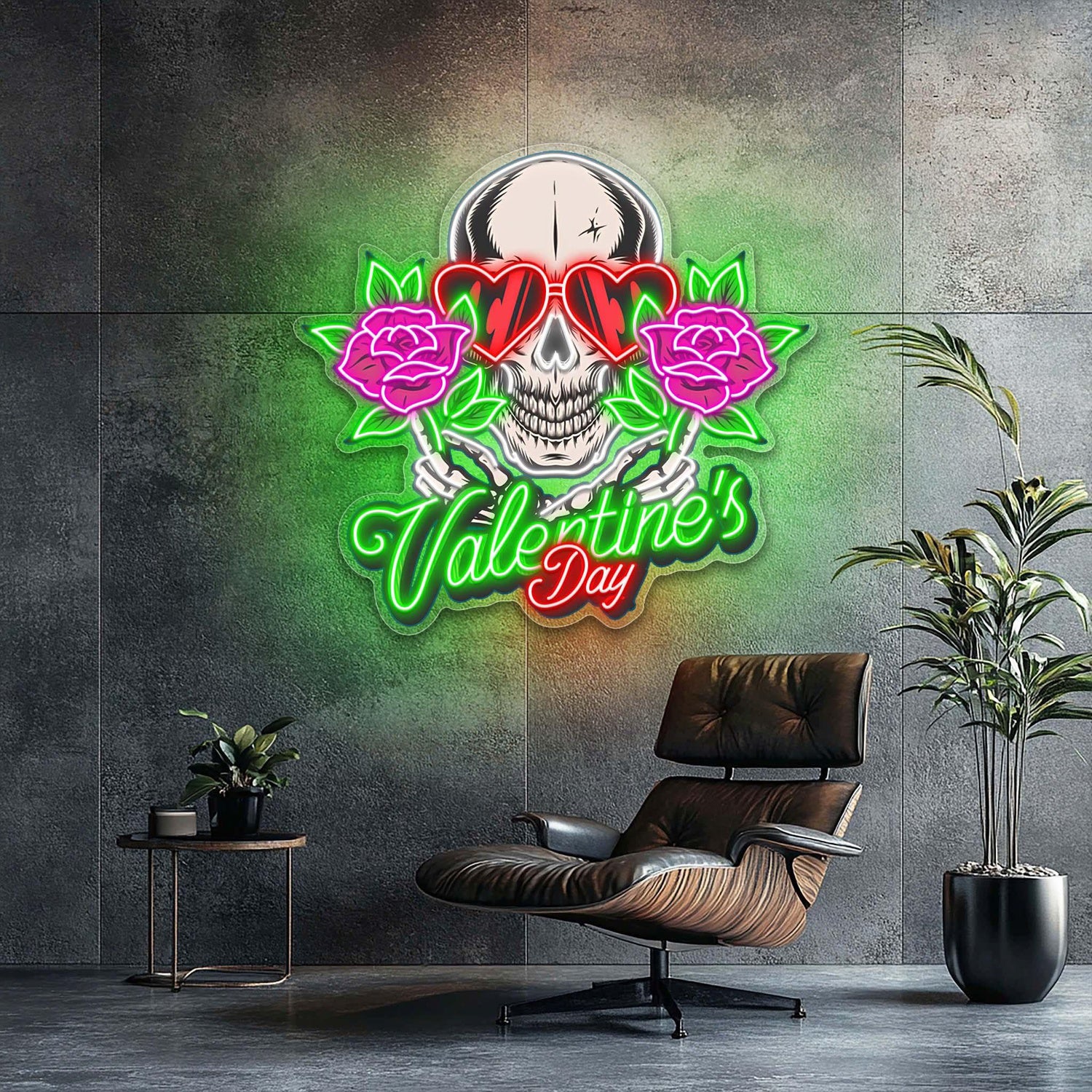 Skull With Heart Glasses Rose Red-Green-Pink Valentine Uv Printed Led Neon Sign Artwork | Shineneon