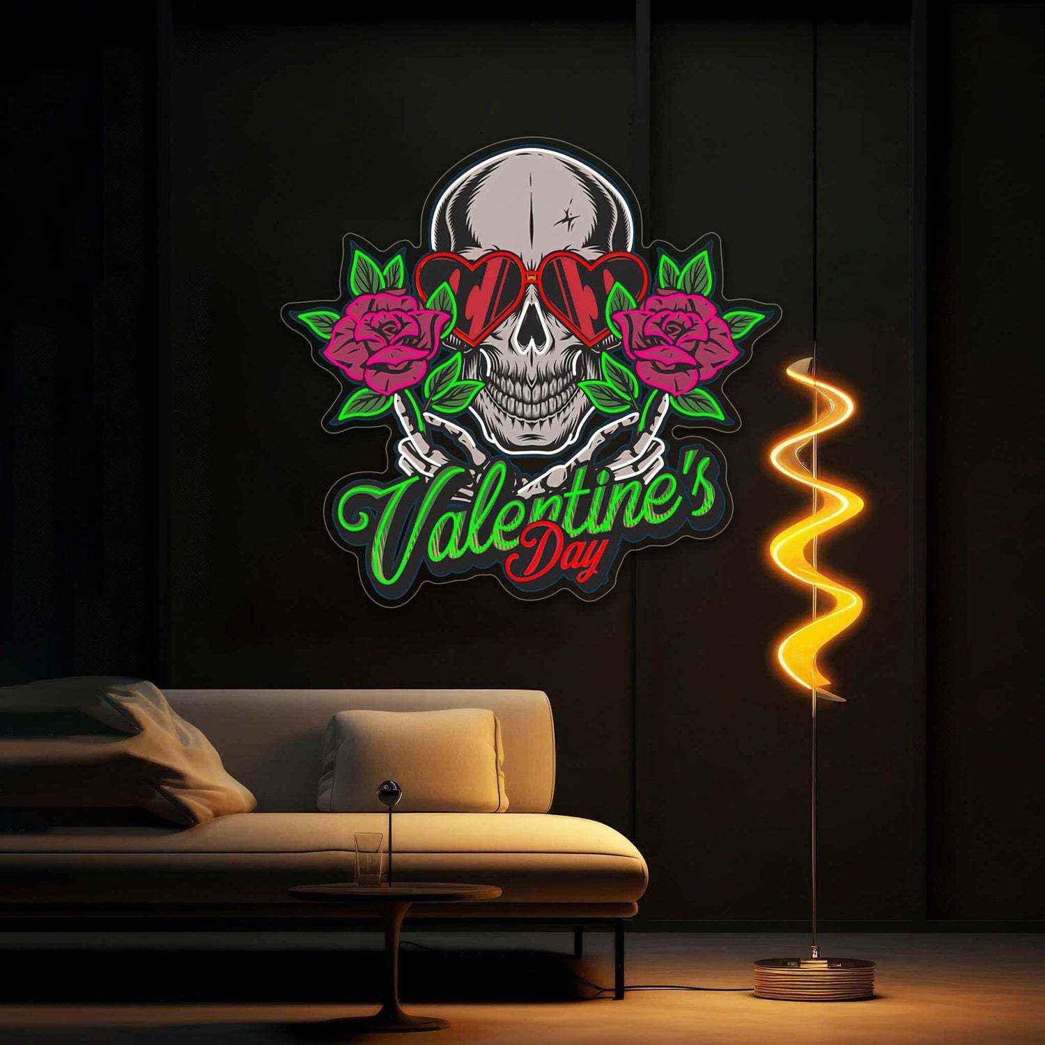 Skull With Heart Glasses Rose Red-Green-Pink Valentine Uv Printed Led Neon Sign Artwork | Shineneon