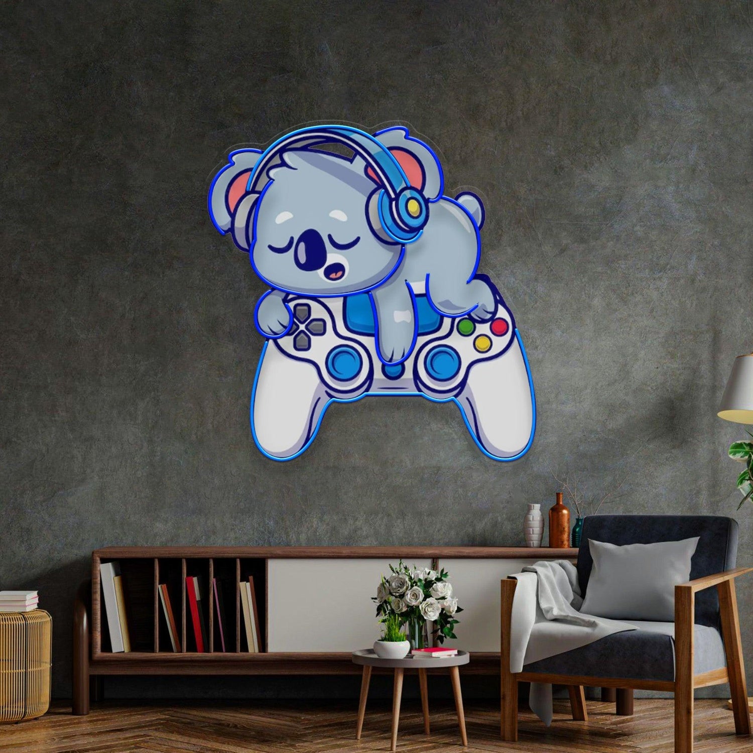 Sleeping-Gaming-Koala-With-Headphones Uv Printed Led Neon Sign For Game Room Decor | Shineneon