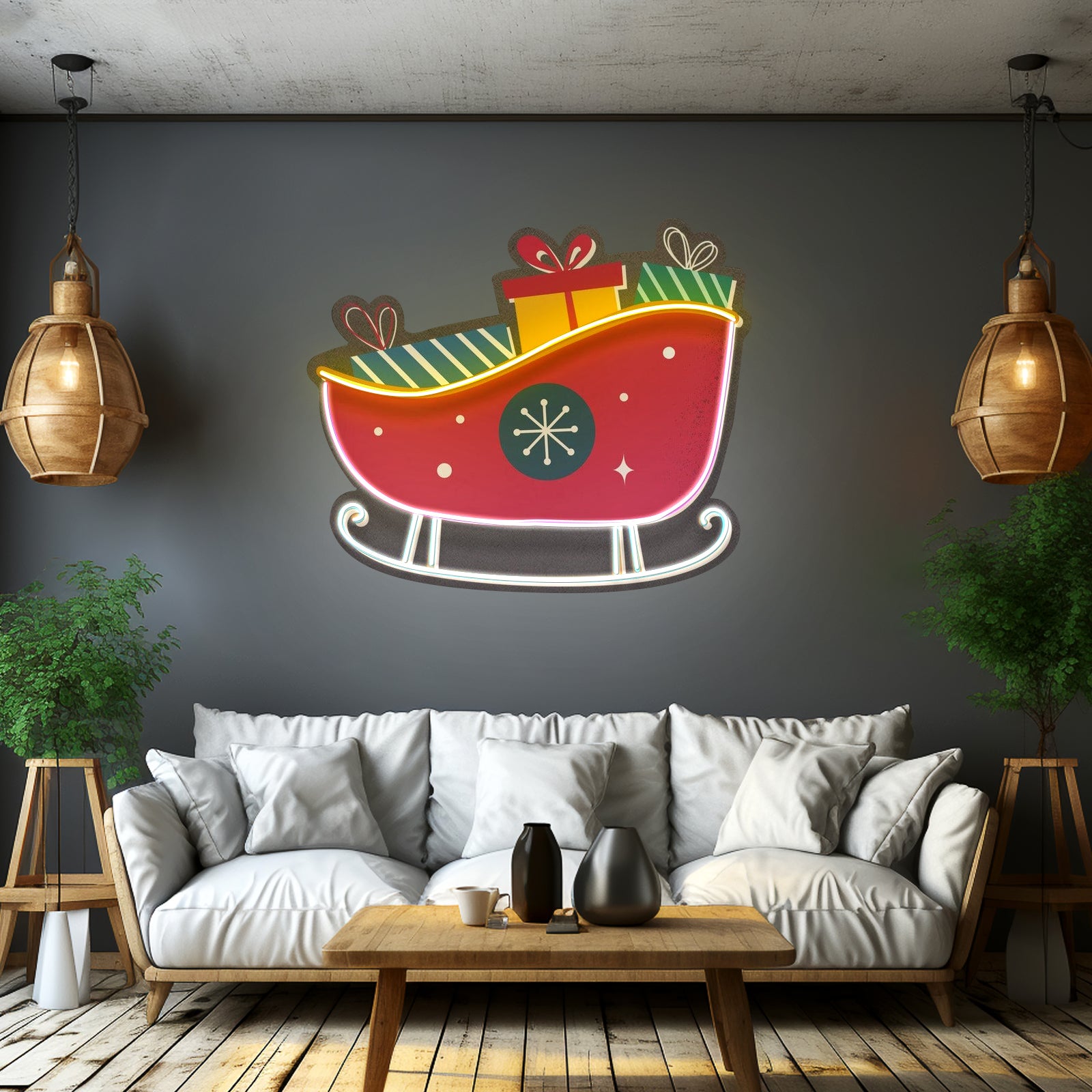 Sleigh With Gifts Christmas Led Neon Acrylic Artwork For Sale