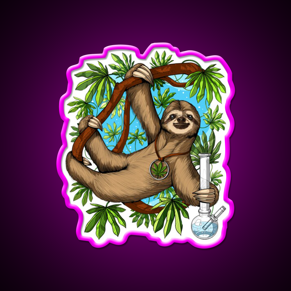 Sloth Weed Stoner Hemp Inspired Green Leaf Led Neon Sign Rgb Color - Neon sign mounted on wall in room