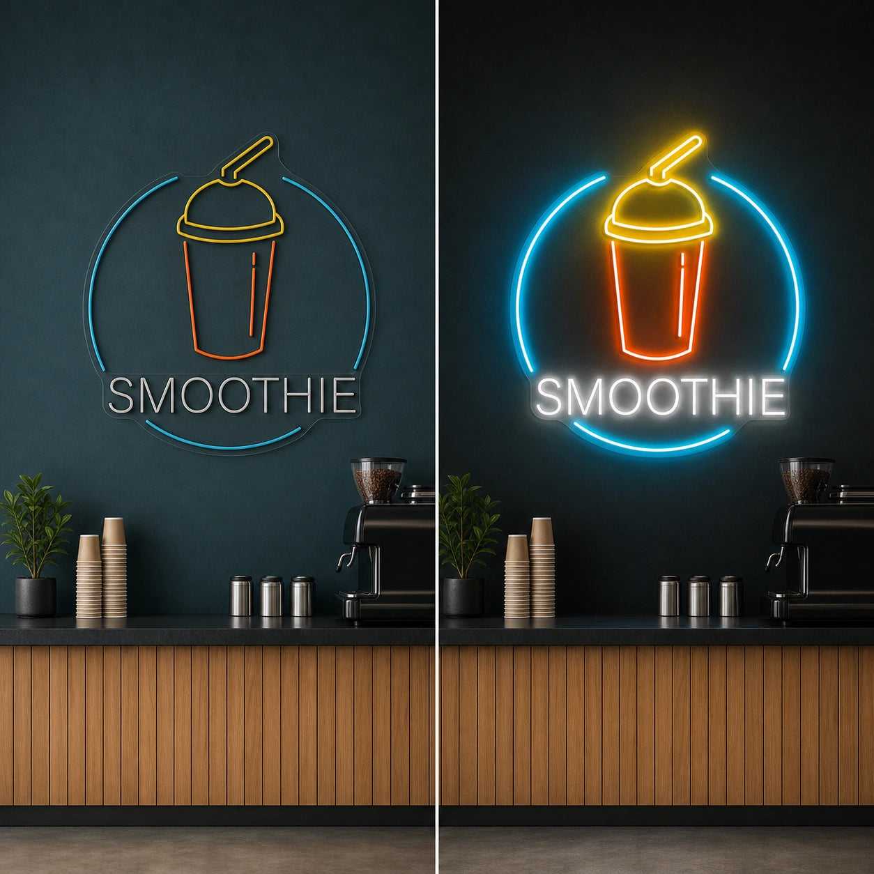 Smoothie LED Neon Sign Garage Man Cave Neon Sign day and night comparison