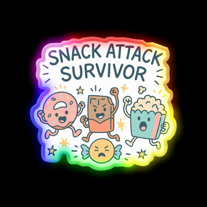 Snack Attack Survivor Funny Cute Doodle Style Snack Food Led Neon Sign Rgb Color - LED neon sign close-up detail