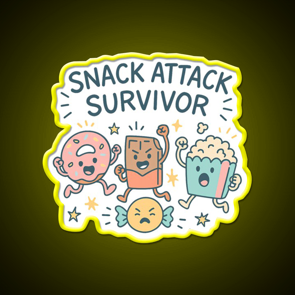 Snack Attack Survivor Funny Cute Doodle Style Snack Food Led Neon Sign Rgb Color - Custom LED neon sign front view