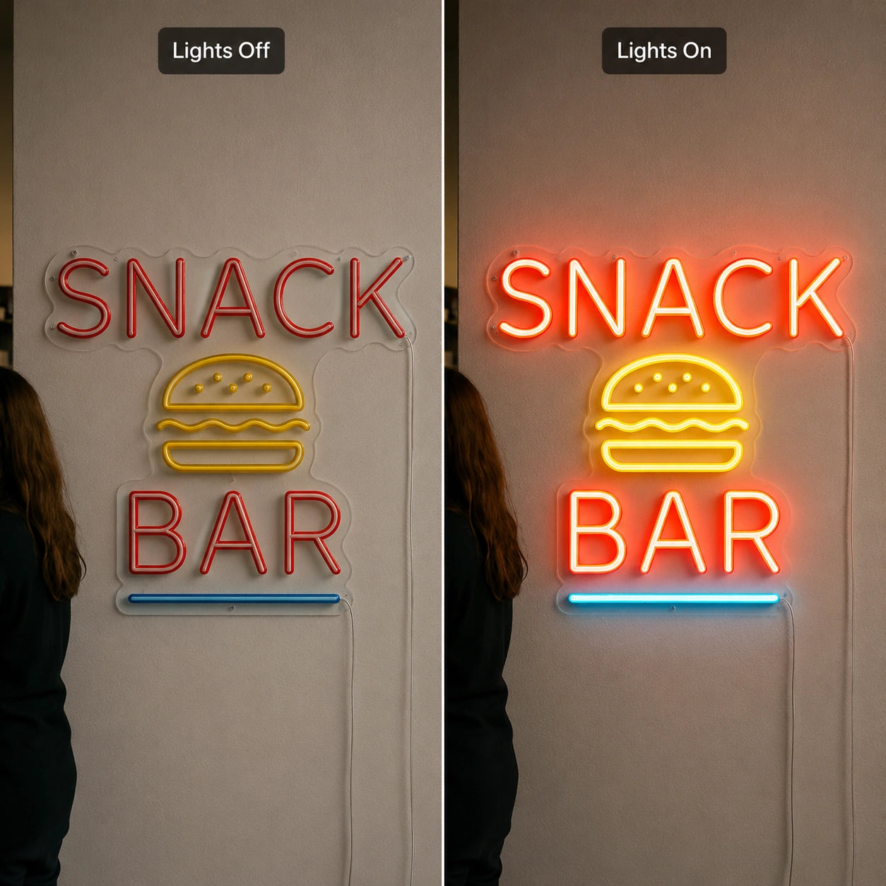 Snack Bar Burger Neon Sign LED Neon Sign day and night comparison