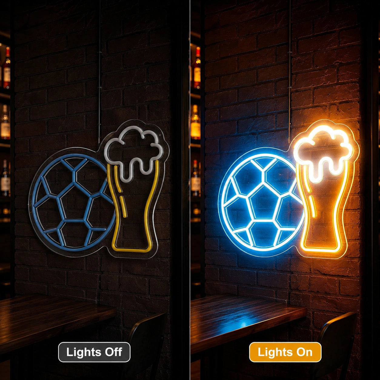Soccer Beer Bar Neon Sign LED Neon Sign day and night comparison