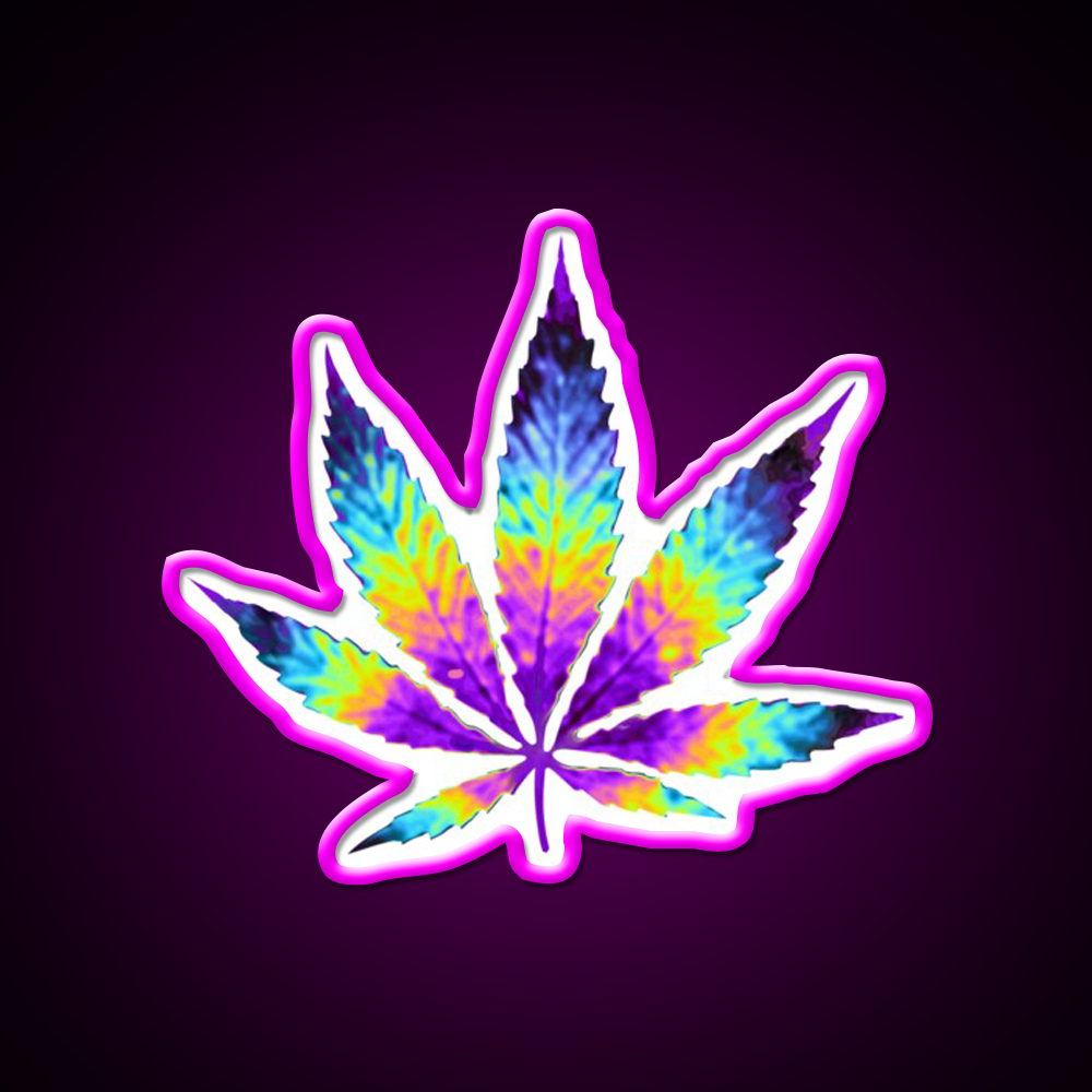 Sour Diesel Holo Leaf Hemp Inspired Green Leaf Led Neon Sign Rgb Color - Neon sign mounted on wall in room