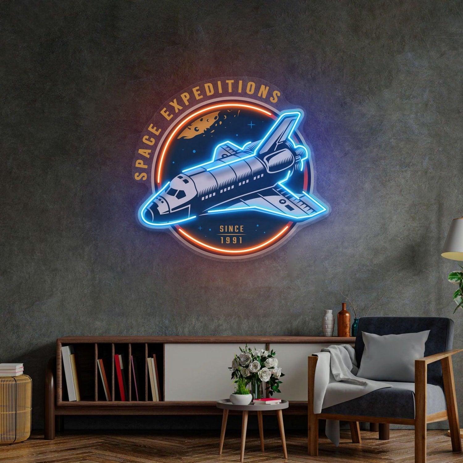 Space Expeditions Blue-Orange Uv Printed Led Neon Sign For Theme Decor | Shineneon