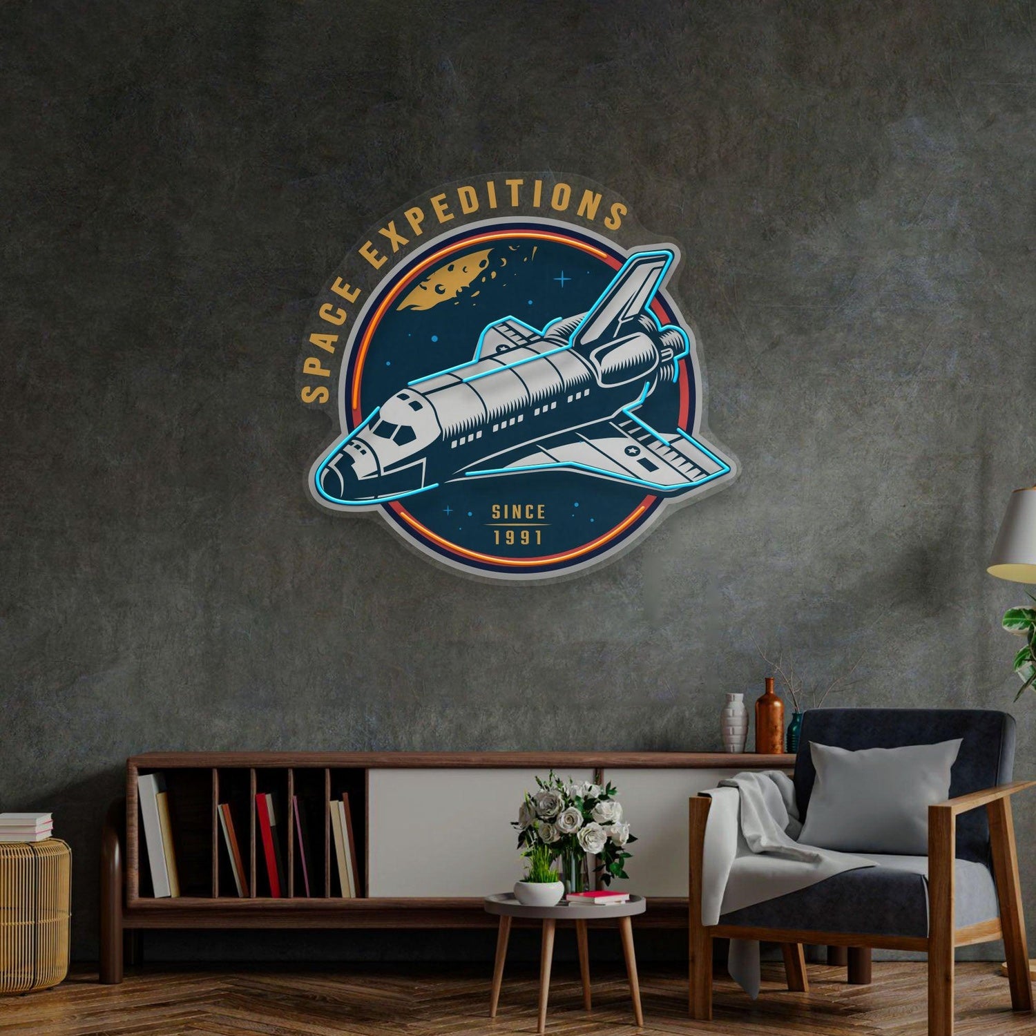 Space Expeditions Blue-Orange Uv Printed Led Neon Sign For Theme Decor | Shineneon