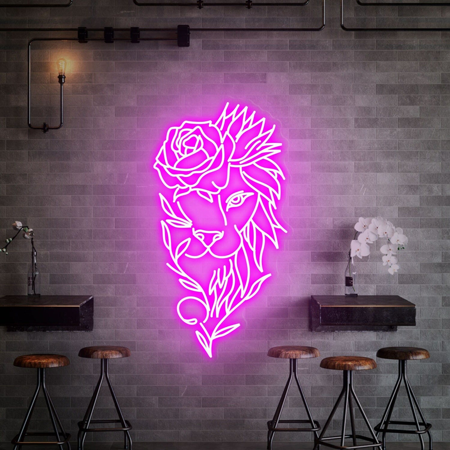 Space Lion With Rose Flower Neon Sign Handmade Art | Shineneon